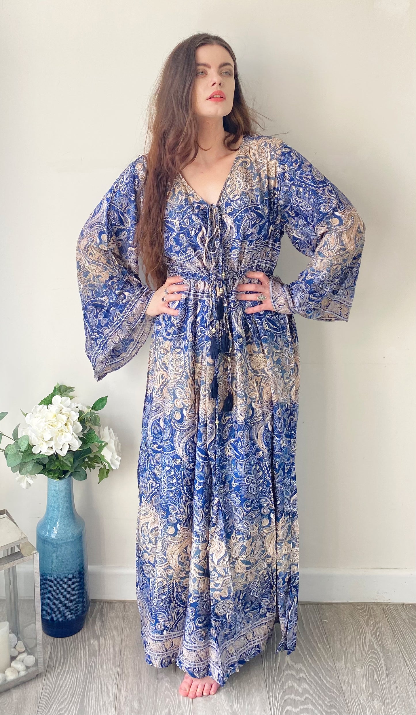 Nova cream blue paisley-print silk maxi dress free size UK8-16