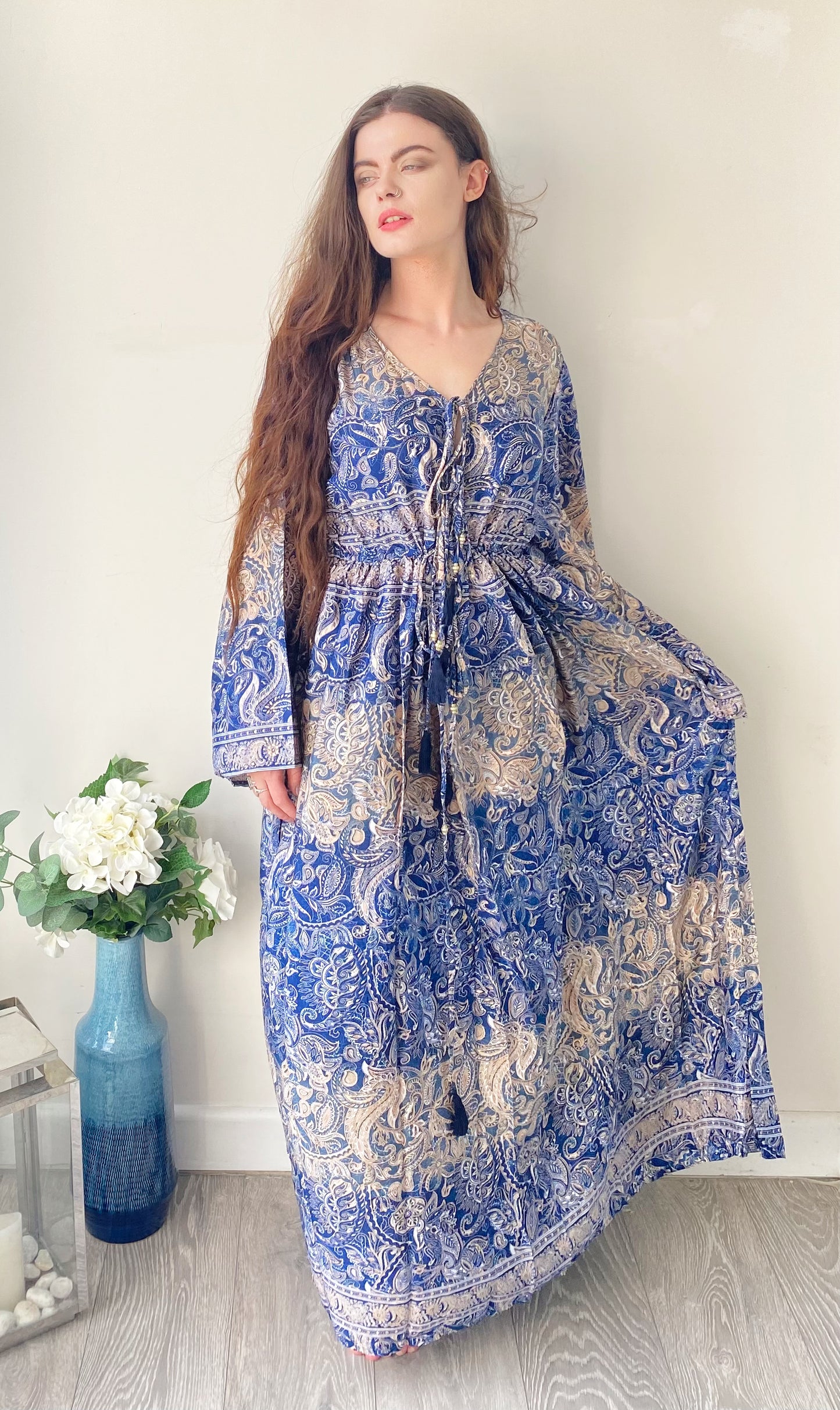 Nova cream blue paisley-print silk maxi dress free size UK8-16