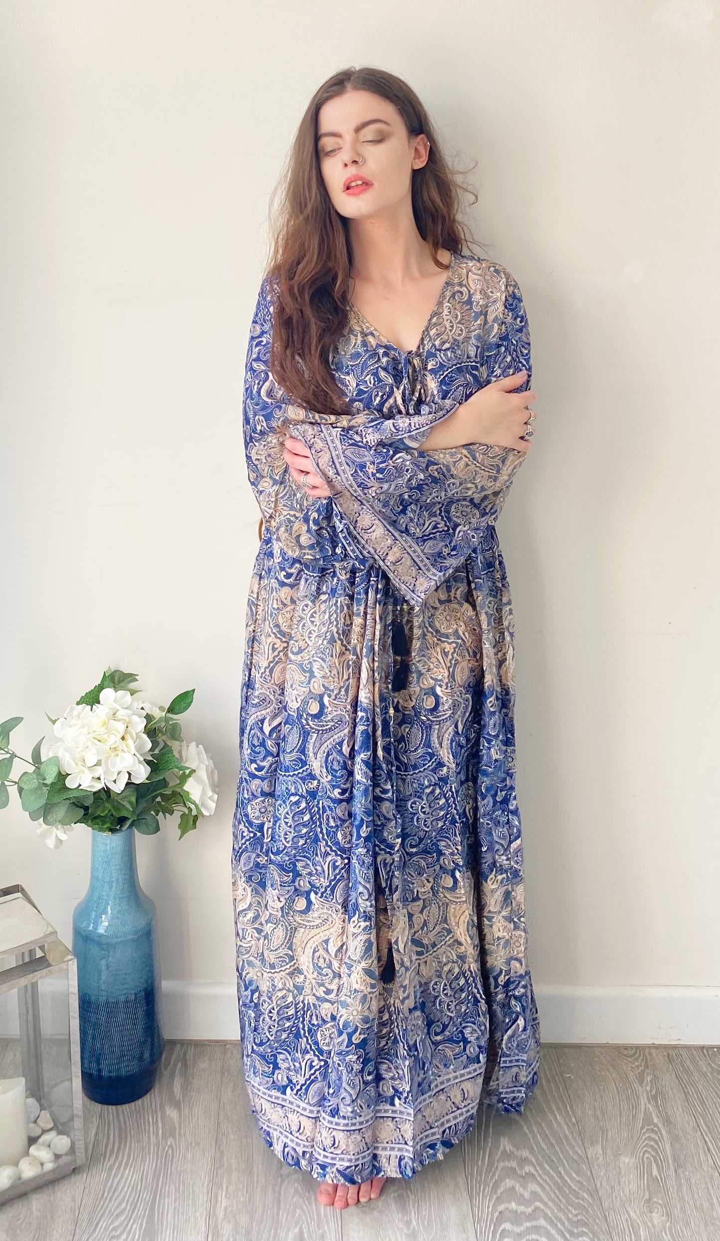 Nova cream blue paisley-print silk maxi dress free size UK8-16