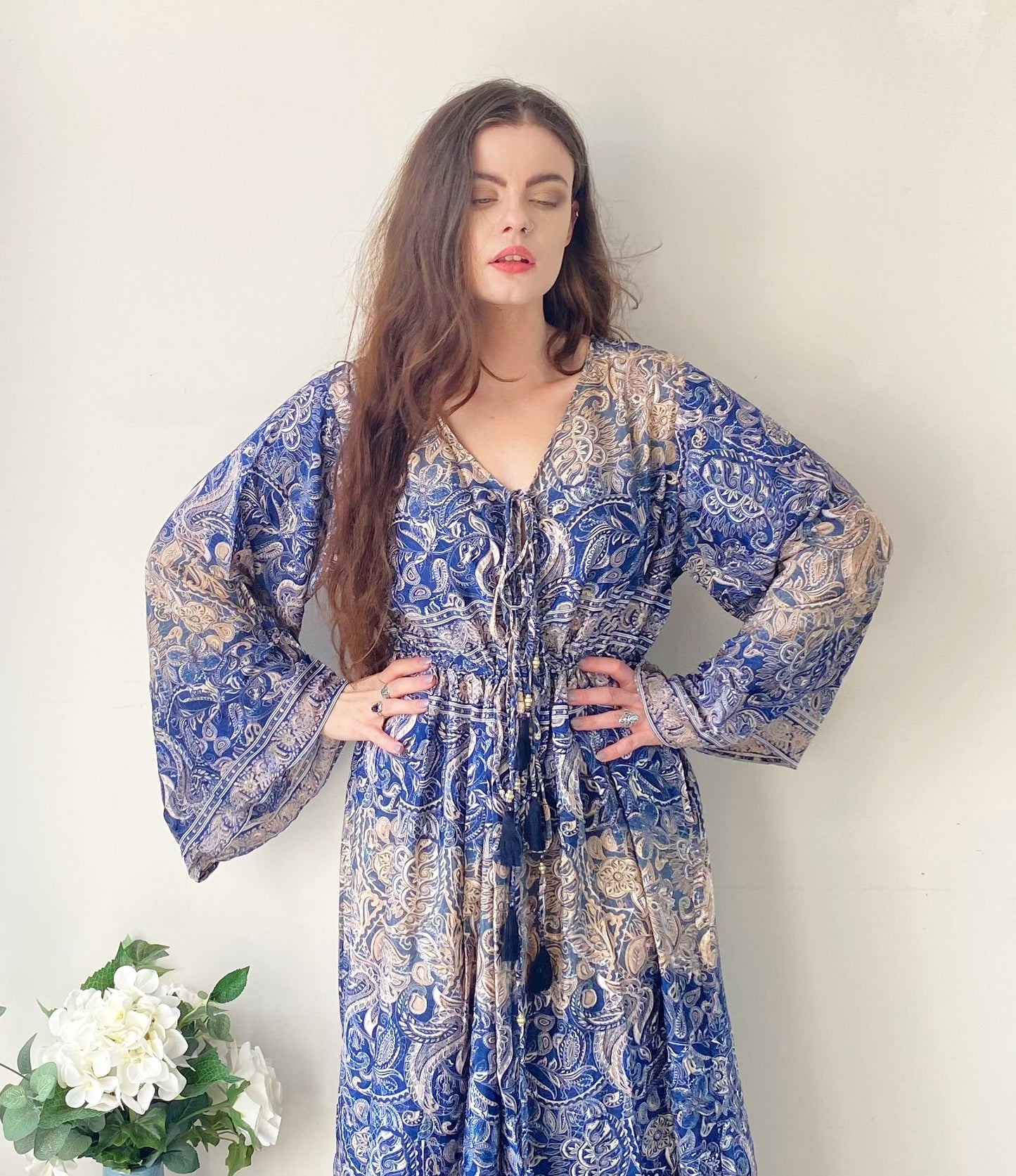 Nova cream blue paisley-print silk maxi dress free size UK8-16