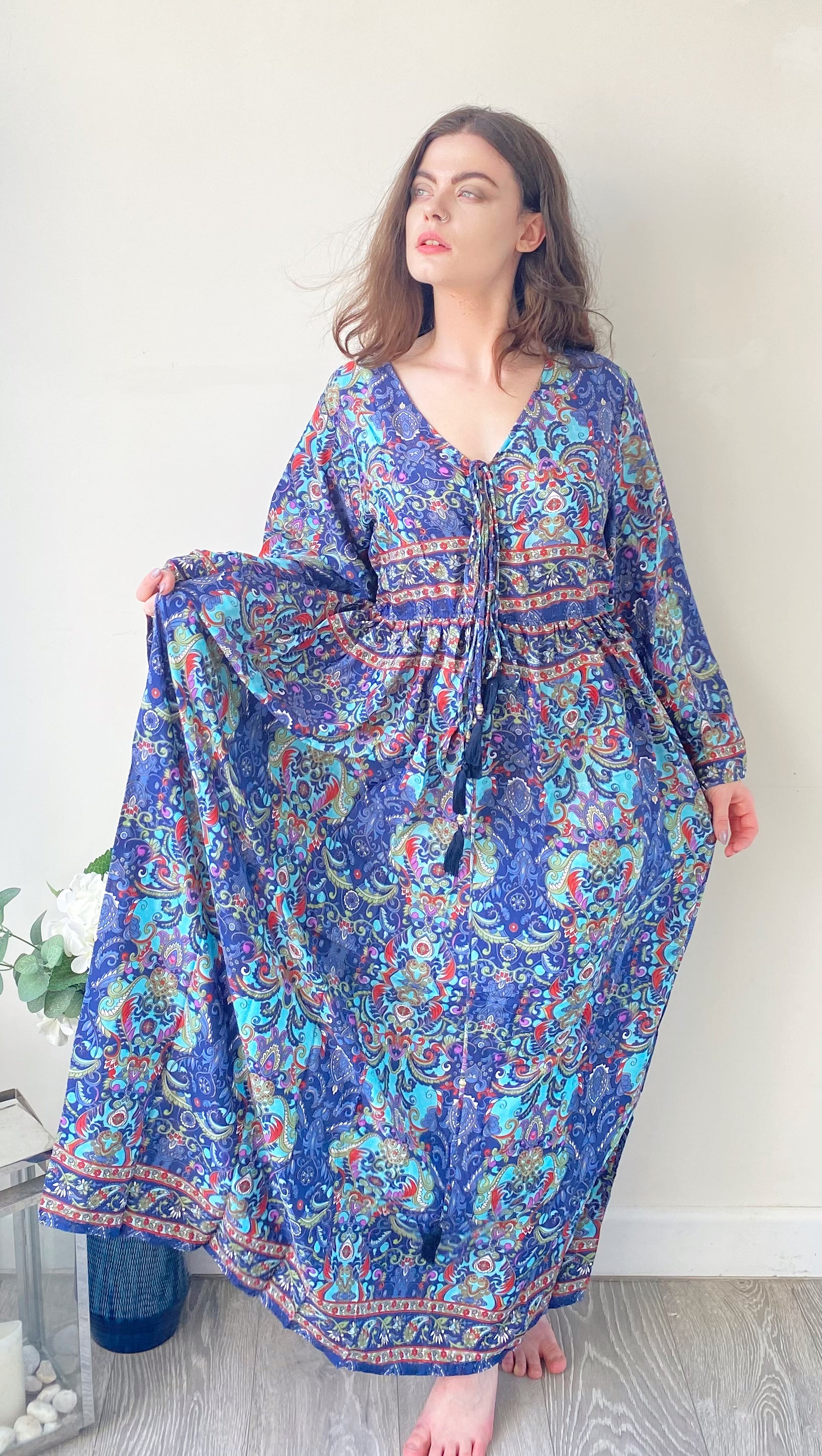 Nova red blue printed silk maxi dress free size UK8-16DRESSES