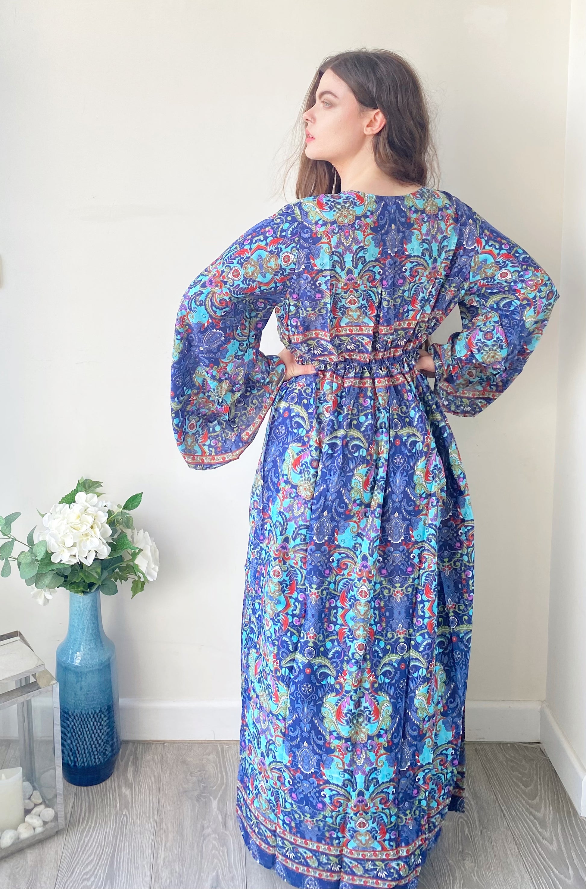 Nova red blue printed silk maxi dress free size UK8-16DRESSES