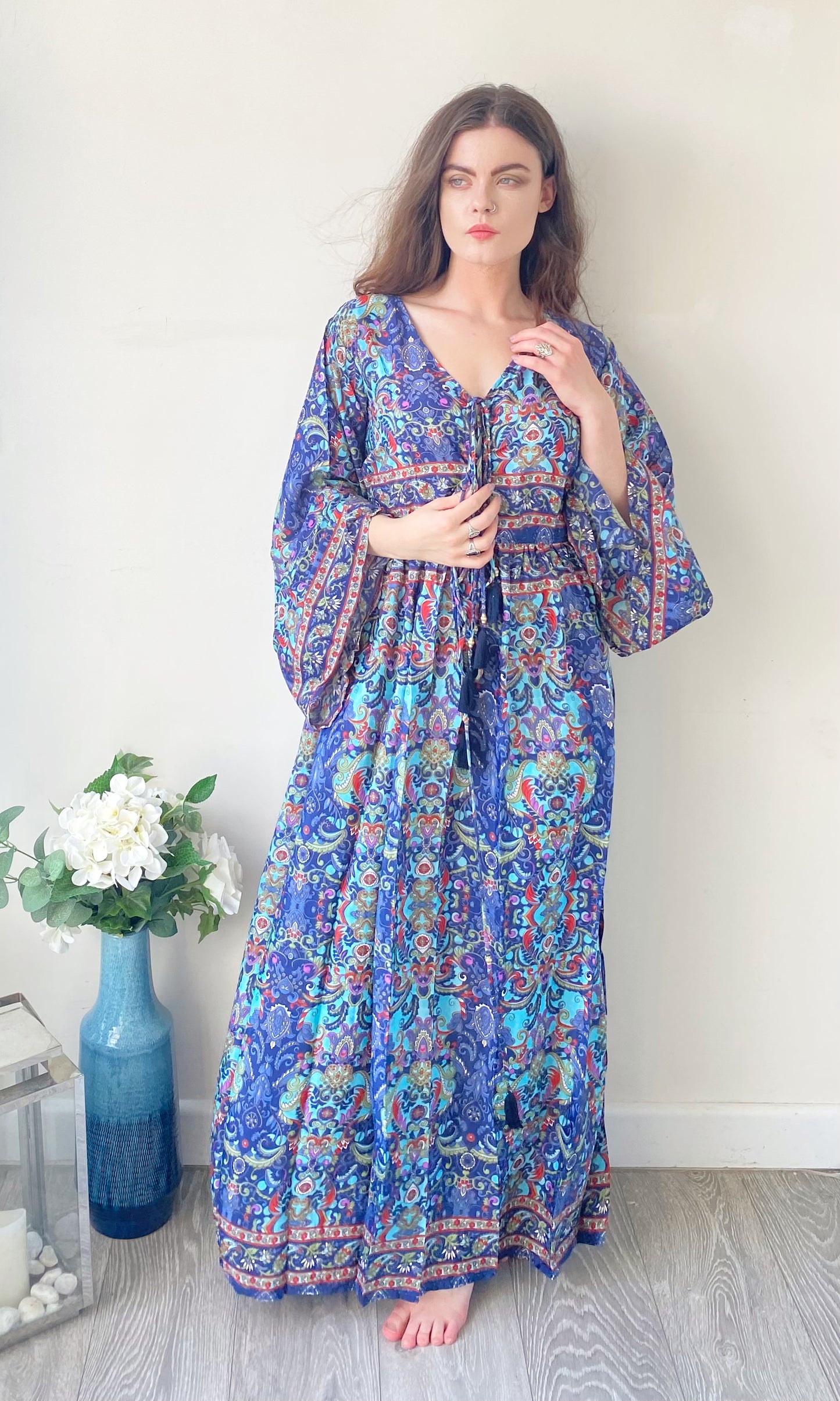 Nova red blue printed silk maxi dress free size UK8-16DRESSES