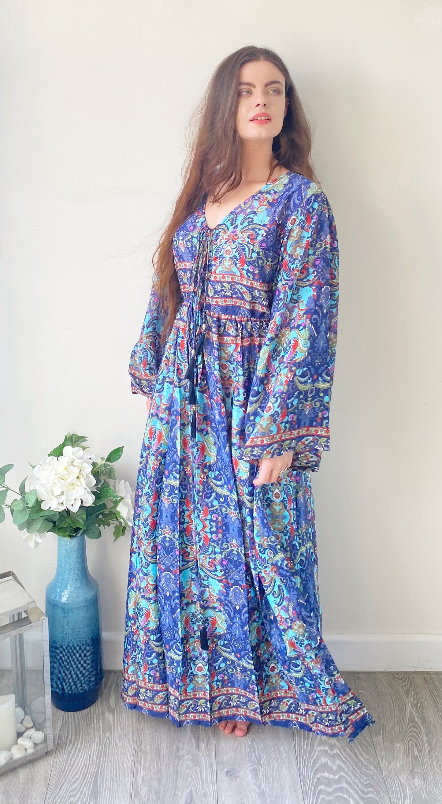 Nova red blue printed silk maxi dress free size UK8-16DRESSES