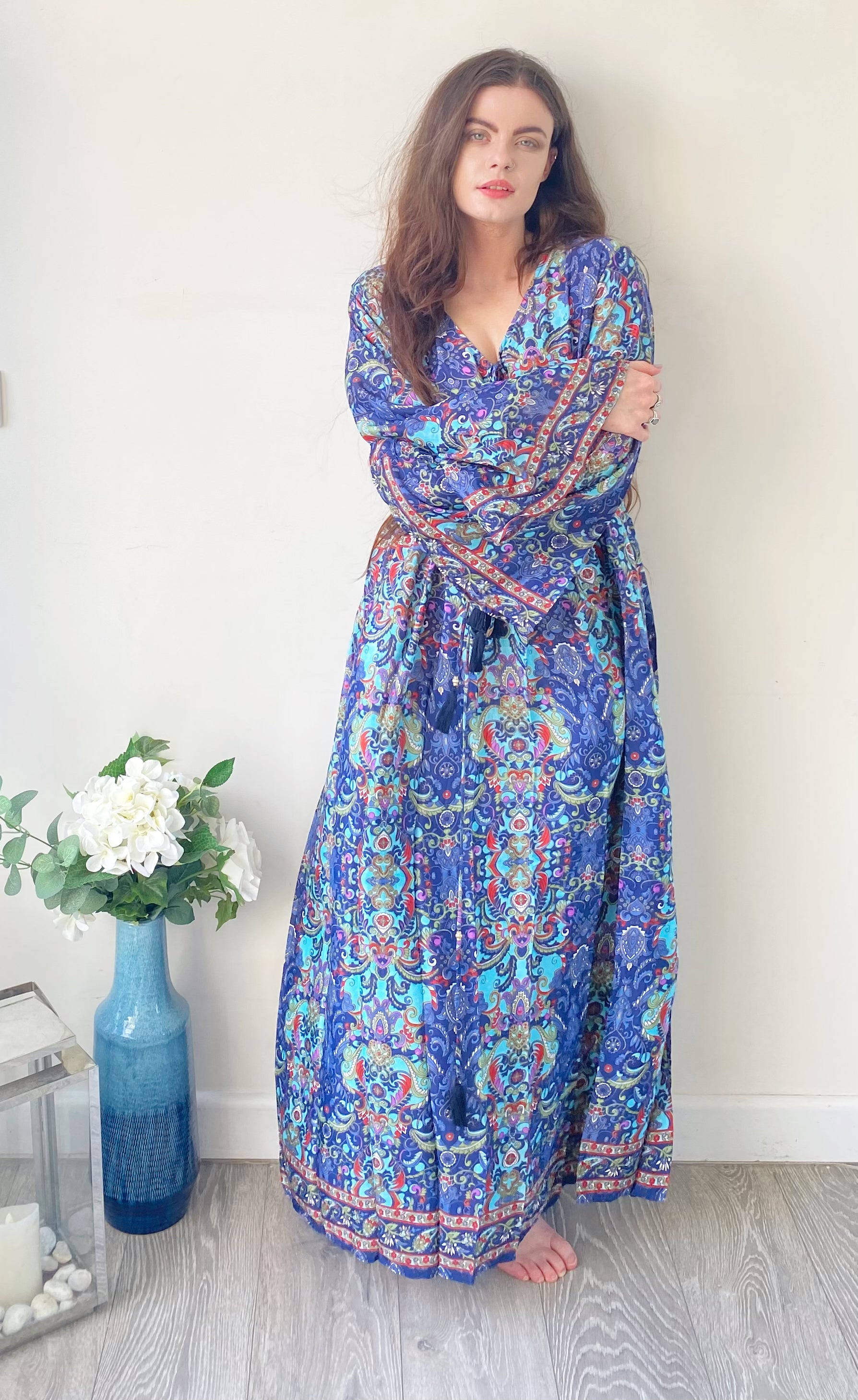 Nova red blue printed silk maxi dress free size UK8-16DRESSES