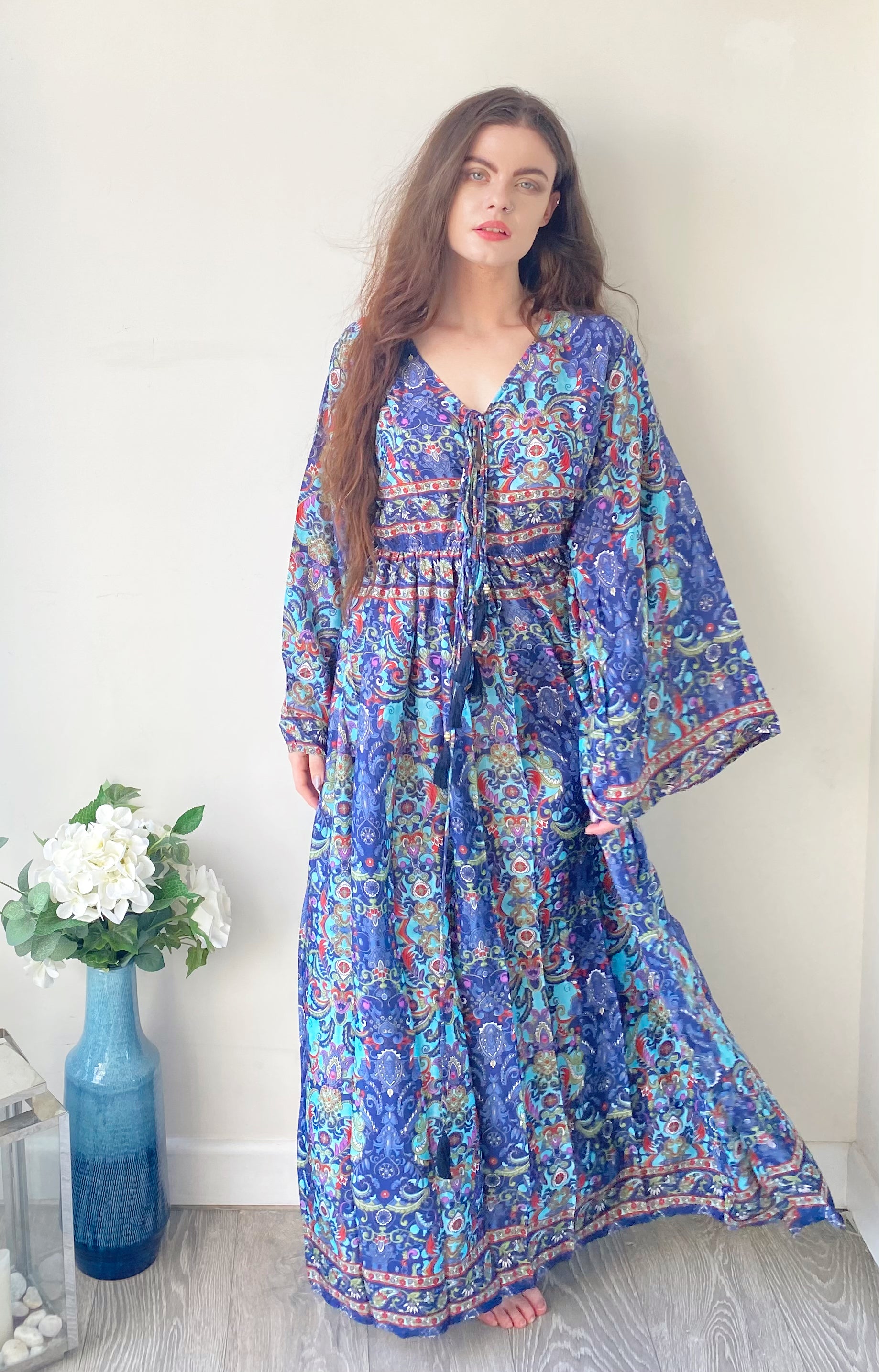 Nova red blue printed silk maxi dress free size UK8-16DRESSES