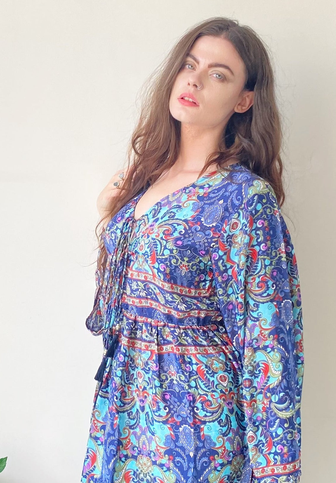 Nova red blue printed silk maxi dress free size UK8-16DRESSES