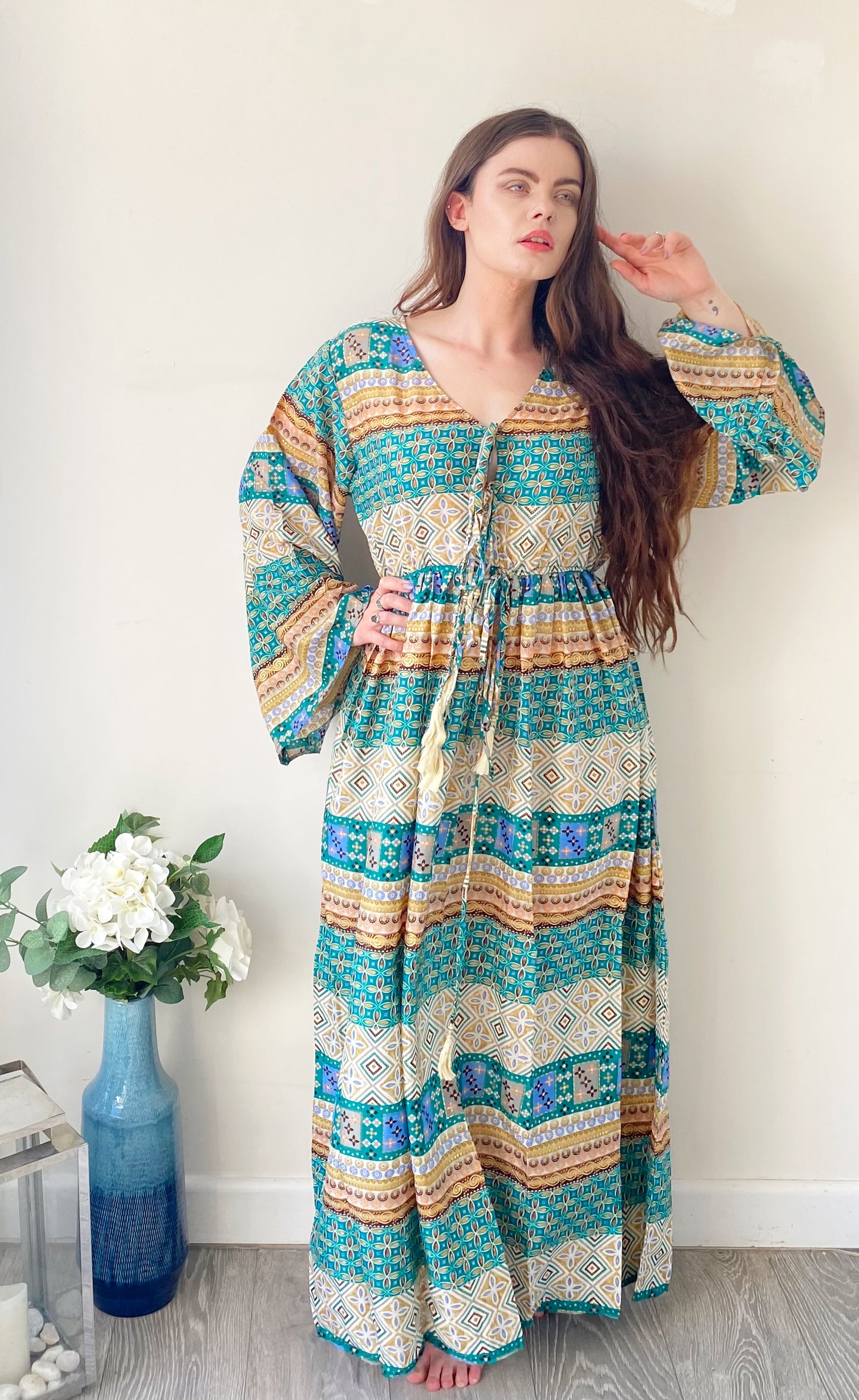 Nova green printed silk maxi dress free size UK8-16DRESSES