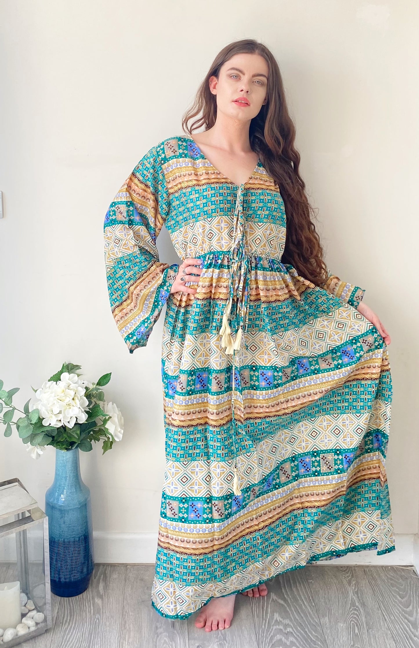 Nova green printed silk maxi dress free size UK8-16DRESSES