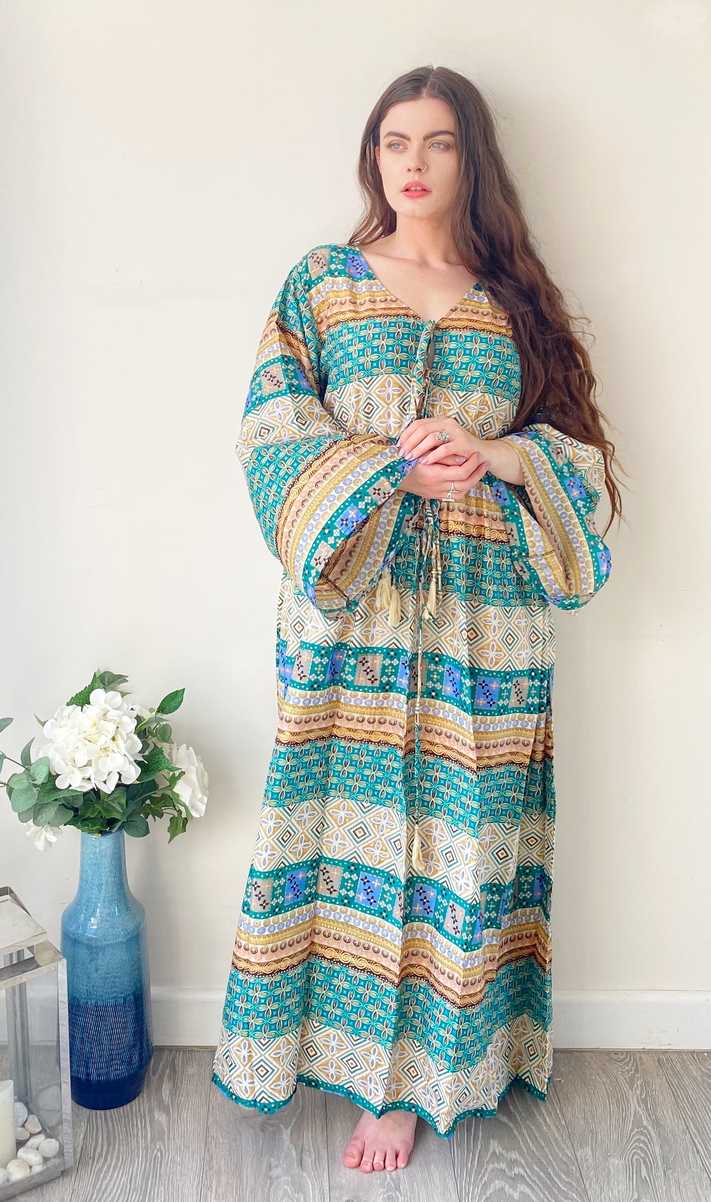 Nova green printed silk maxi dress free size UK8-16DRESSES