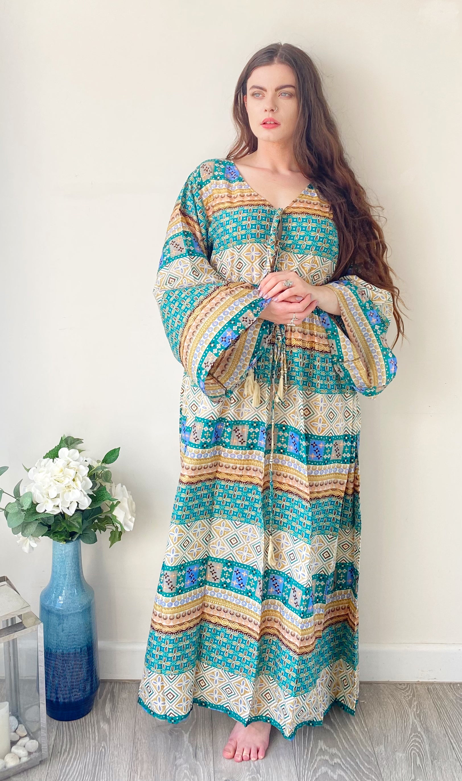 Nova green printed silk maxi dress free size UK8-16DRESSES