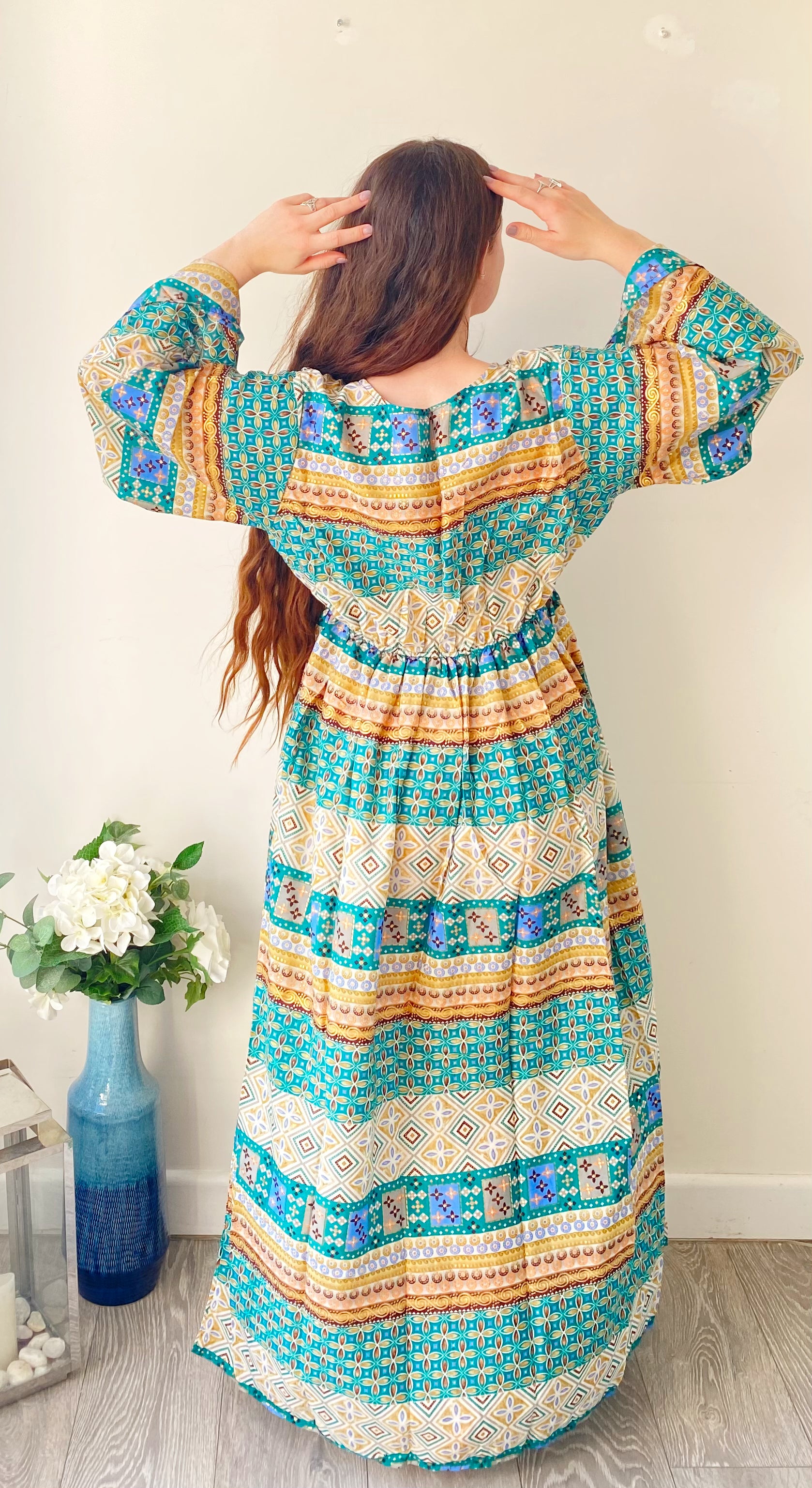Nova green printed silk maxi dress free size UK8-16DRESSES