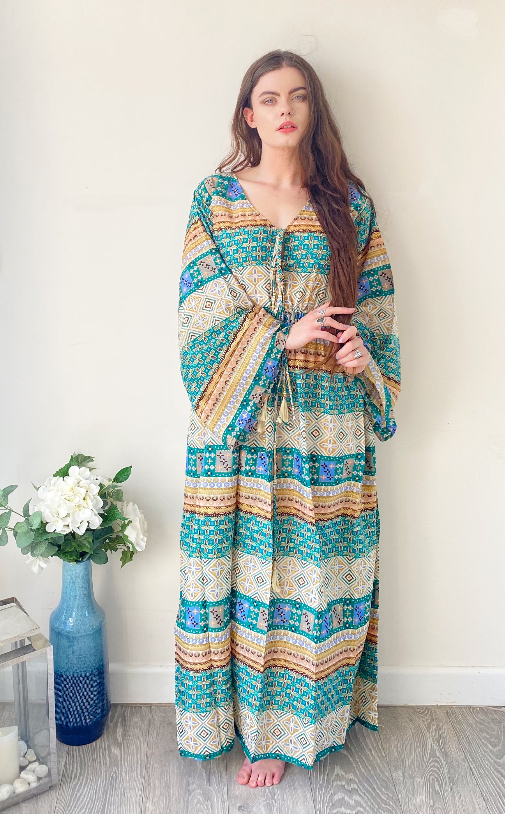 Nova green printed silk maxi dress free size UK8-16DRESSES