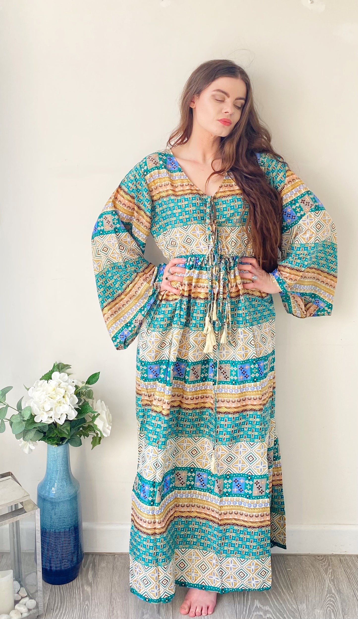 Nova green printed silk maxi dress free size UK8-16DRESSES