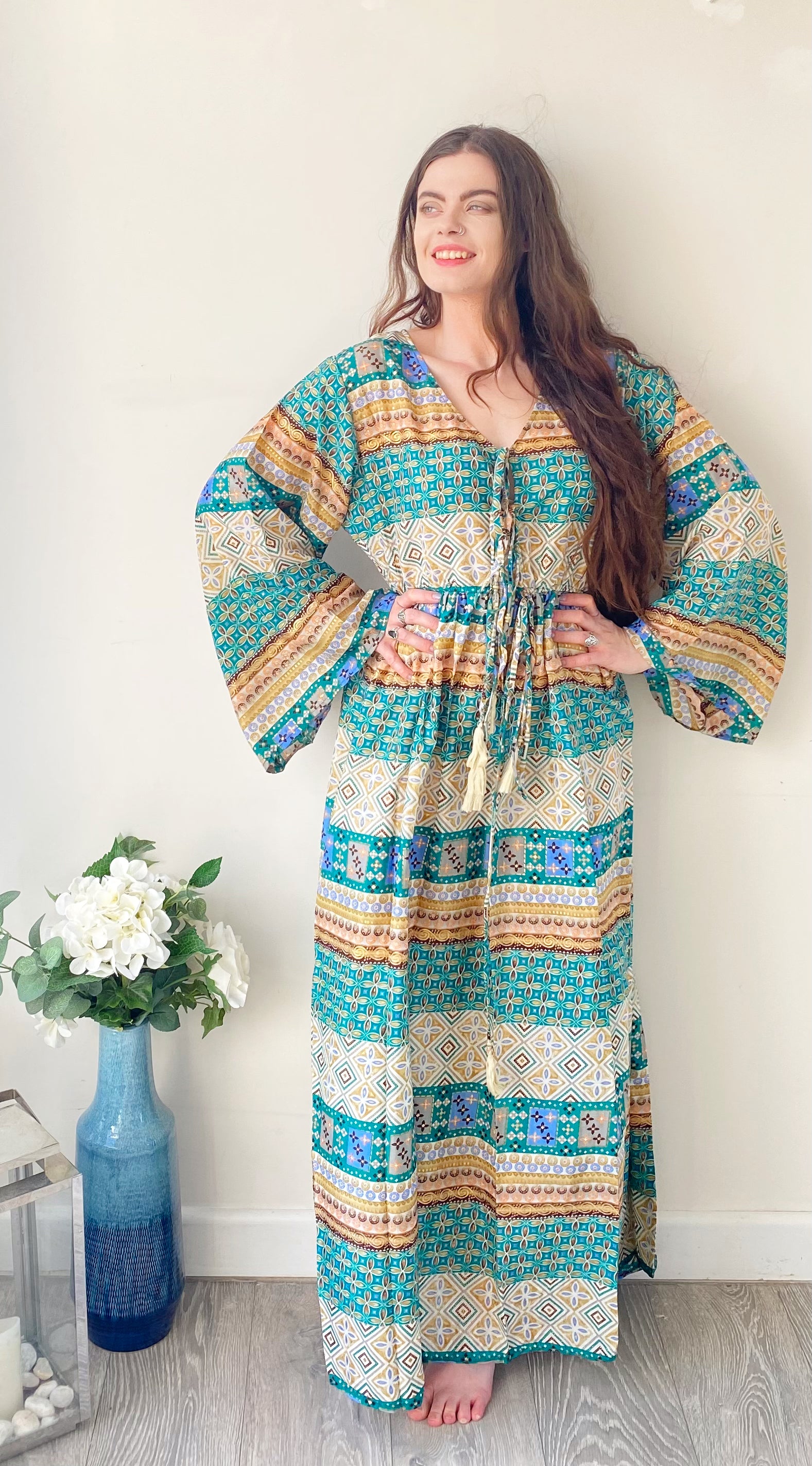 Nova green printed silk maxi dress free size UK8-16DRESSES
