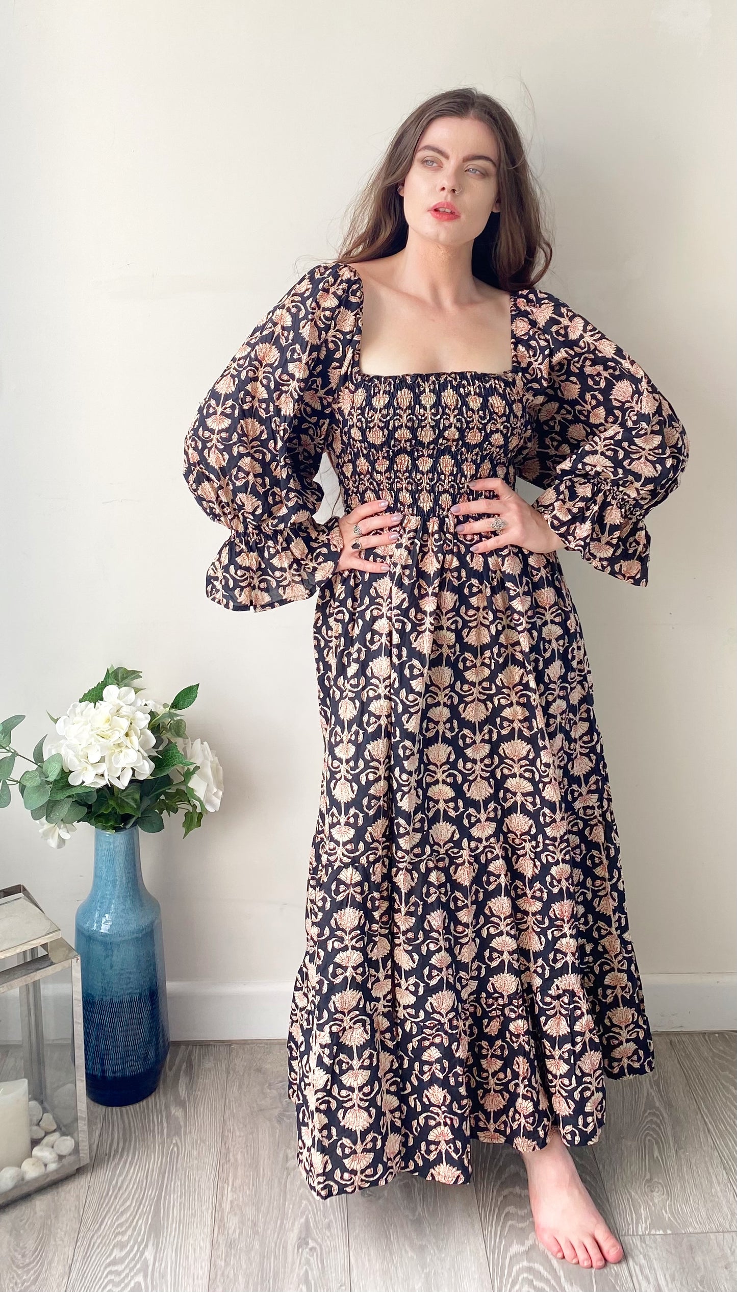 Lila black block-printed cotton bardot balloon-sleeved maxi dress