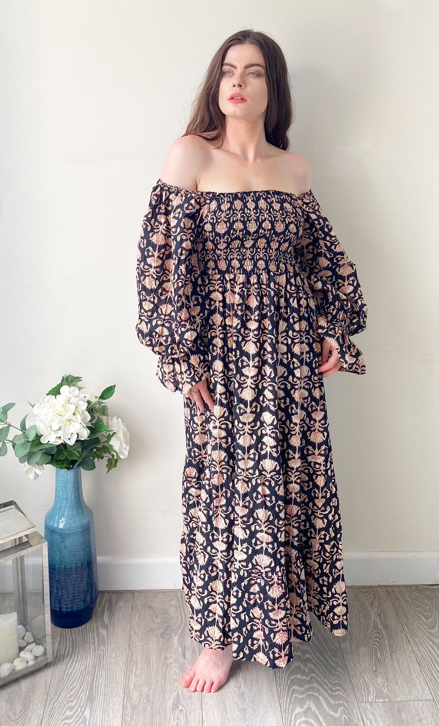 Lila black block-printed cotton bardot balloon-sleeved maxi dress