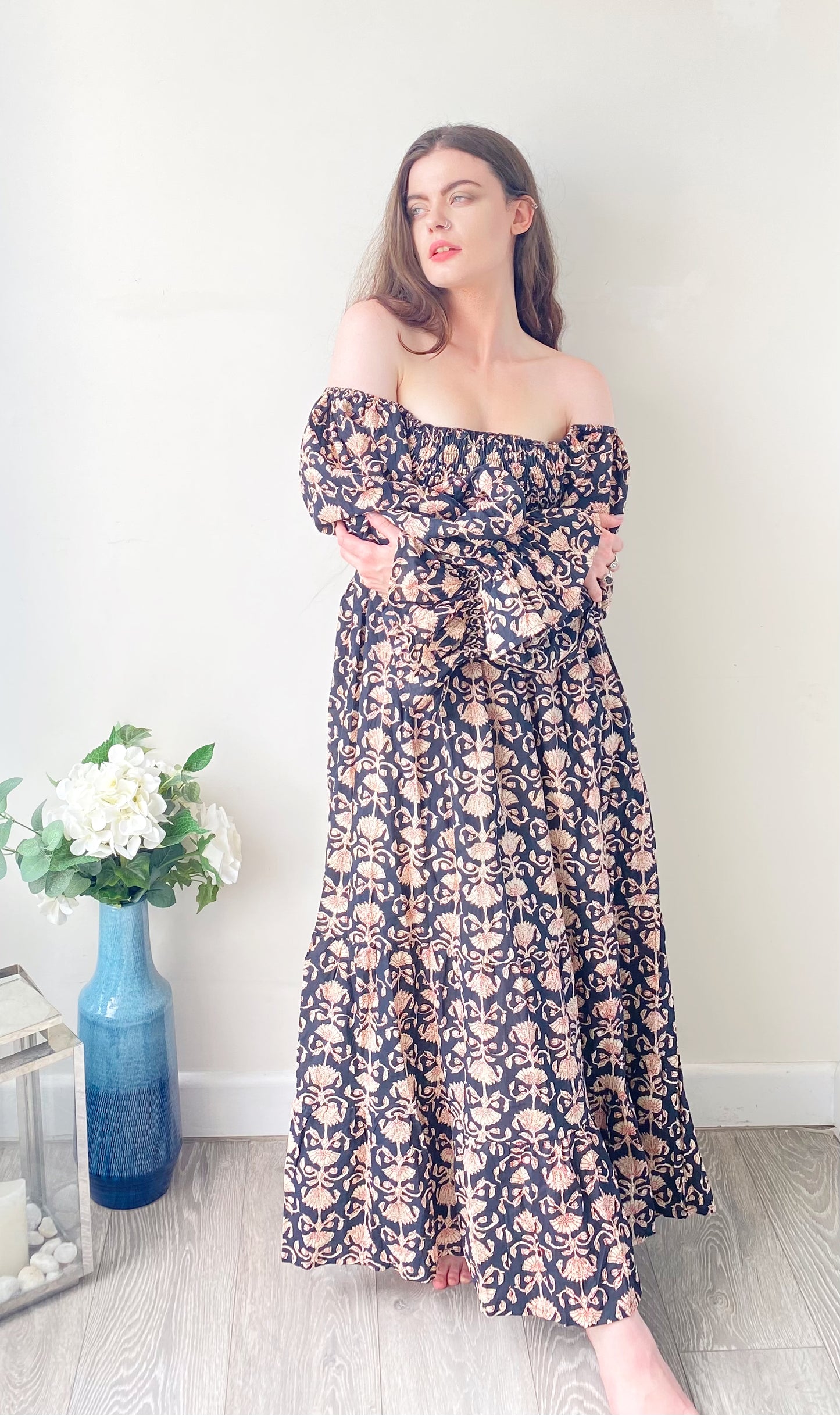 Lila black block-printed cotton bardot balloon-sleeved maxi dress