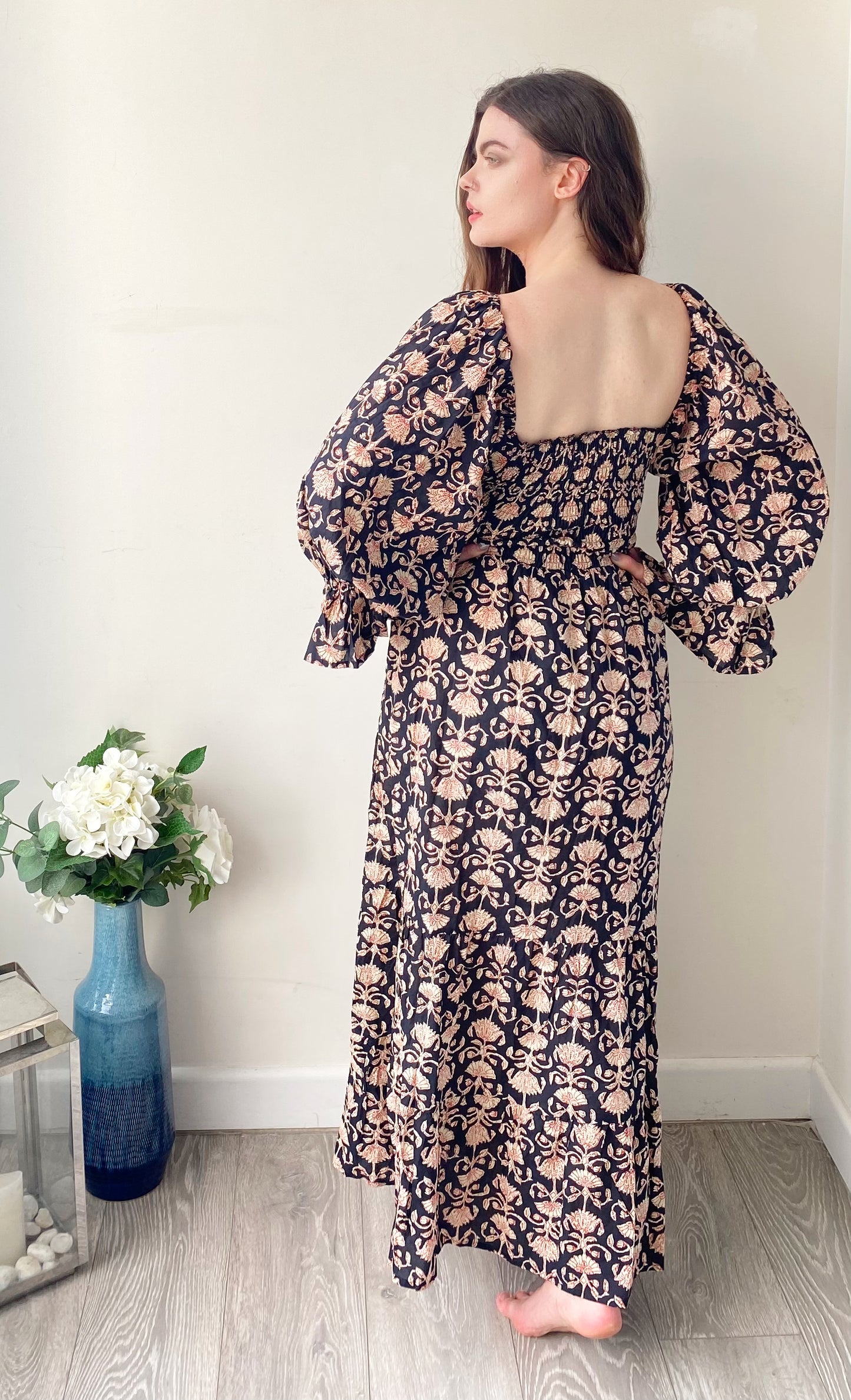 Lila black block-printed cotton bardot balloon-sleeved maxi dress