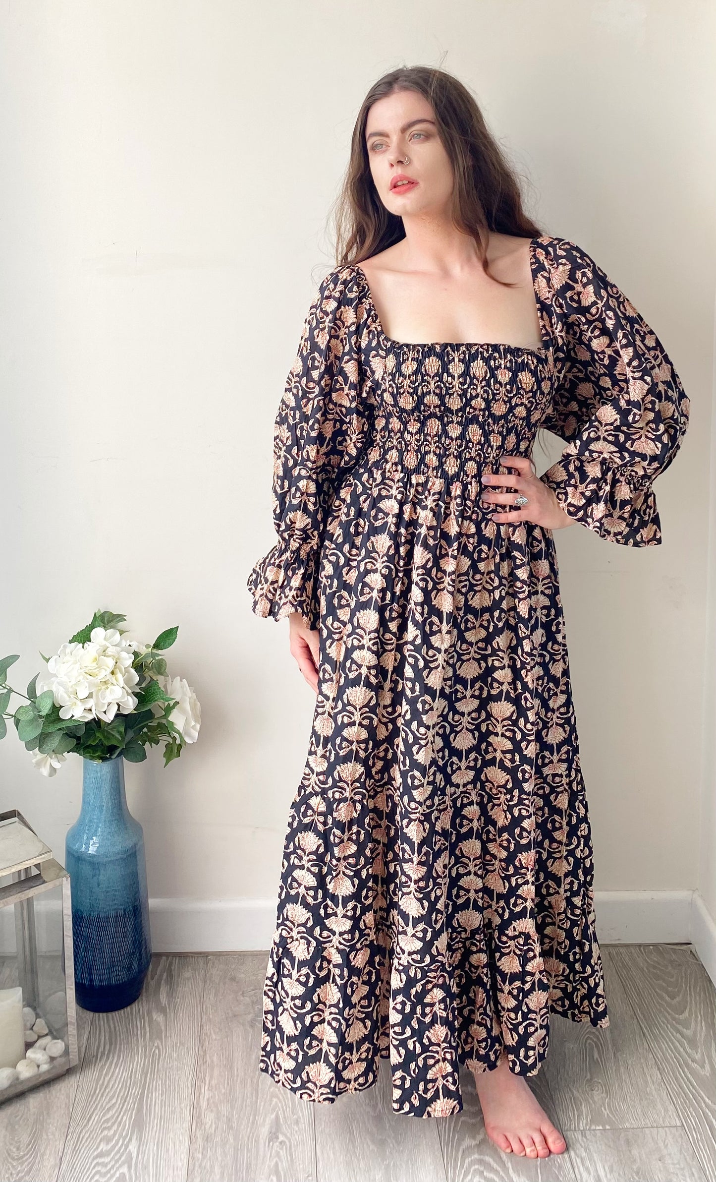Lila black block-printed cotton bardot balloon-sleeved maxi dress