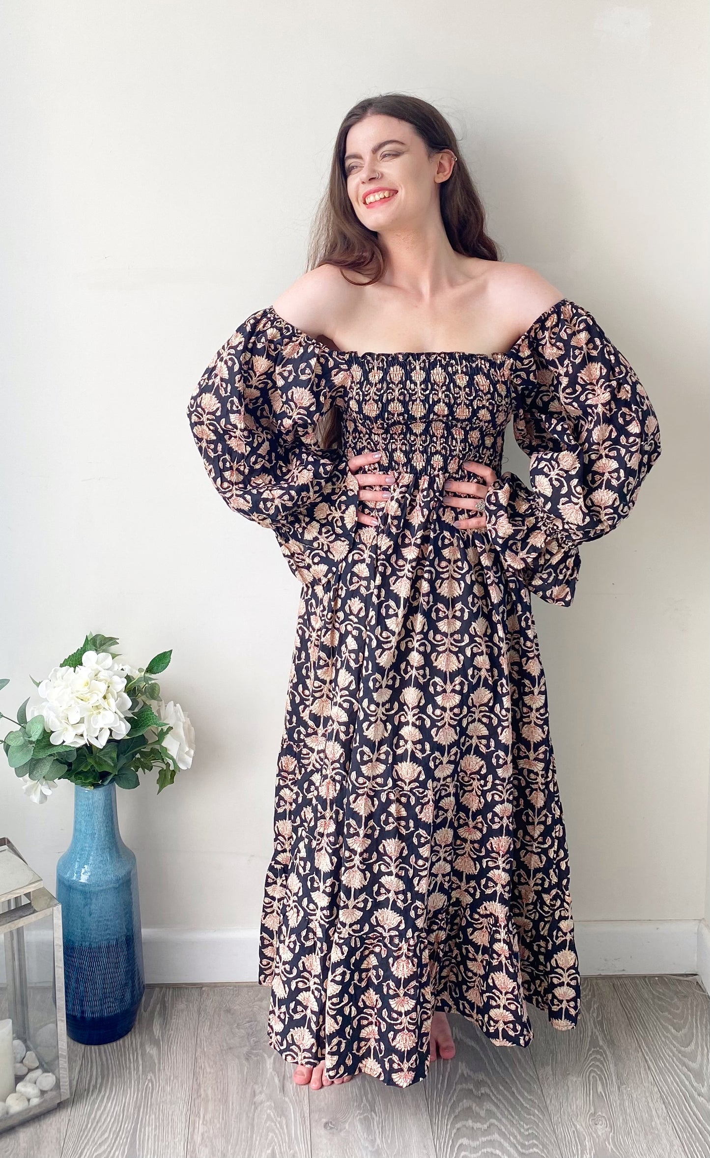 Lila black block-printed cotton bardot balloon-sleeved maxi dress