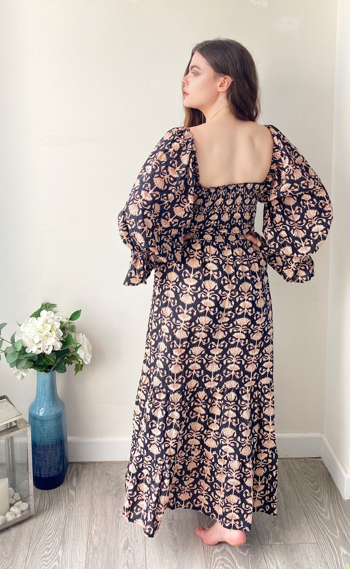 Lila black block-printed cotton bardot balloon-sleeved maxi dress