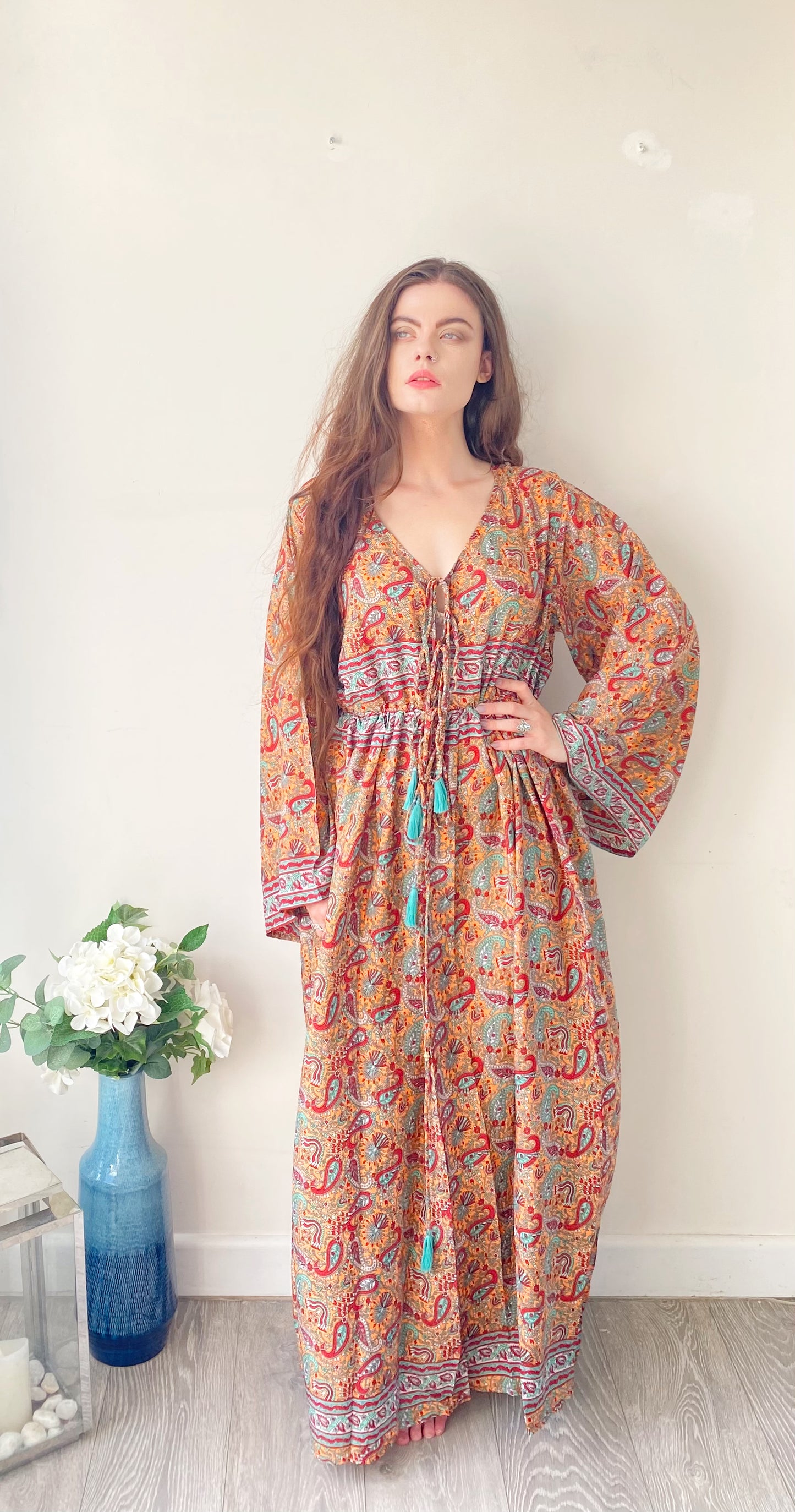 Nova peach red paisley-print silk maxi dress free size UK8-16