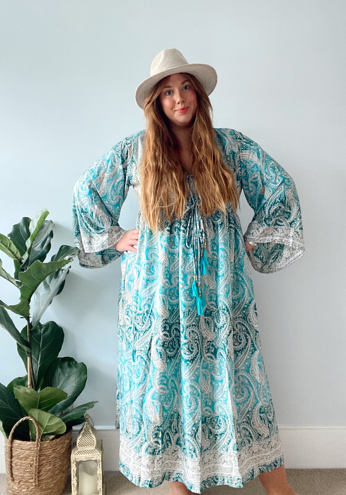 Nova blue green paisley boho silk dress