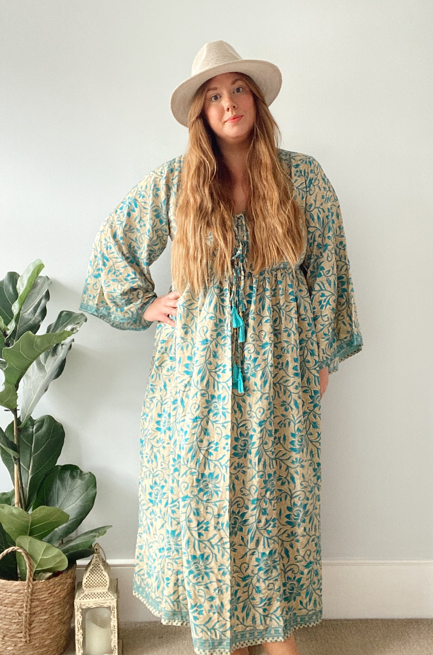 Nova blue gold boho silk dress