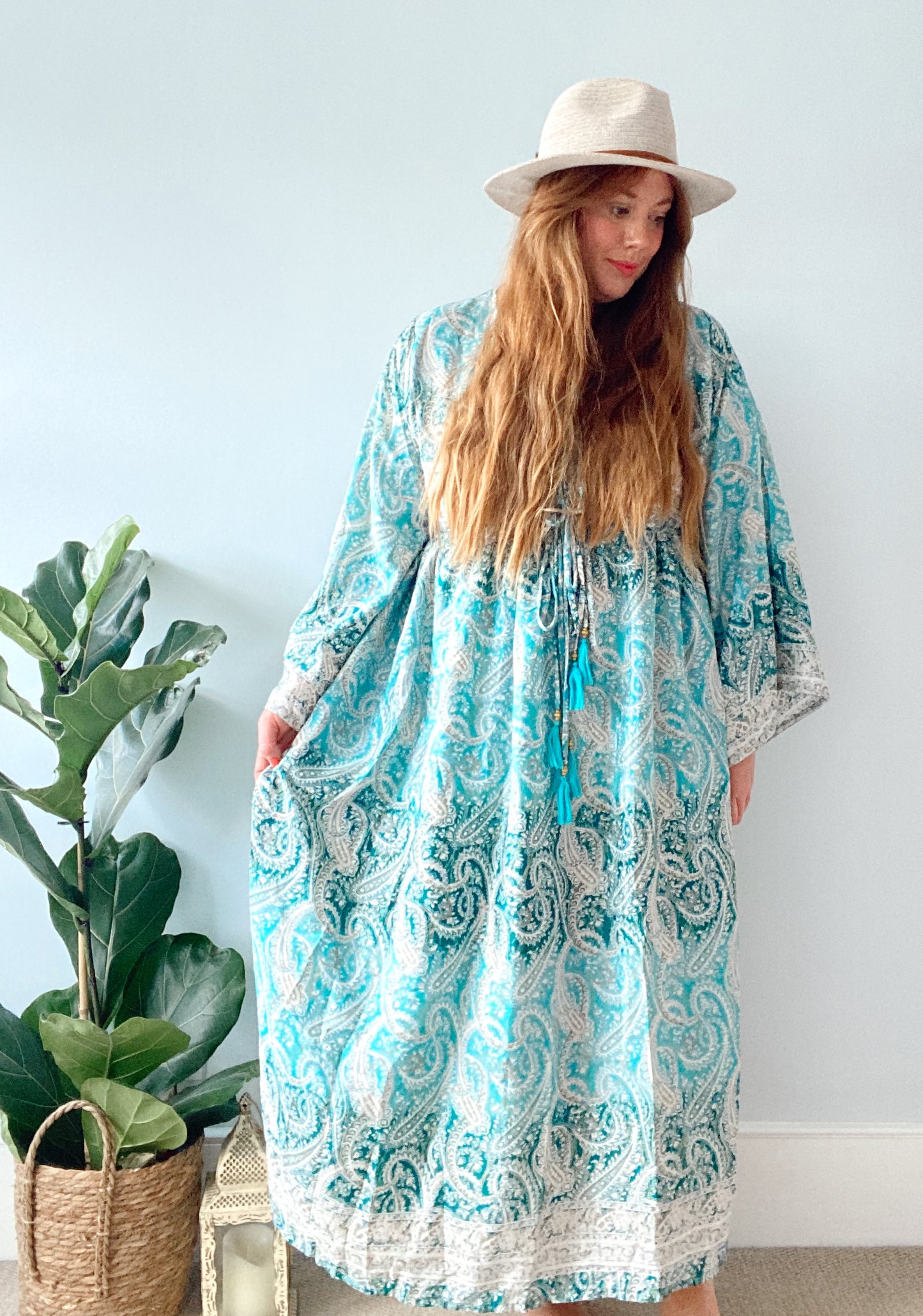 Nova blue green paisley boho silk dress