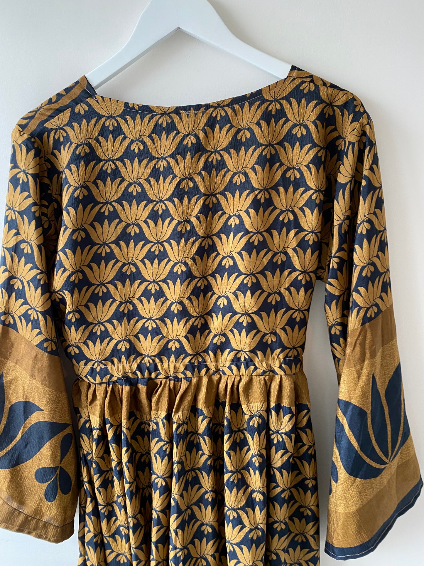 Nova brown and navy recycled-silk midi dress free size UK8-14DRESSES