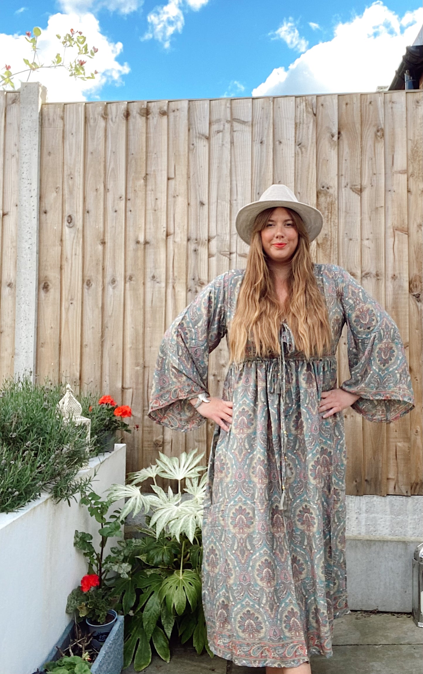 Nova grey pink paisley-print boho silk dress