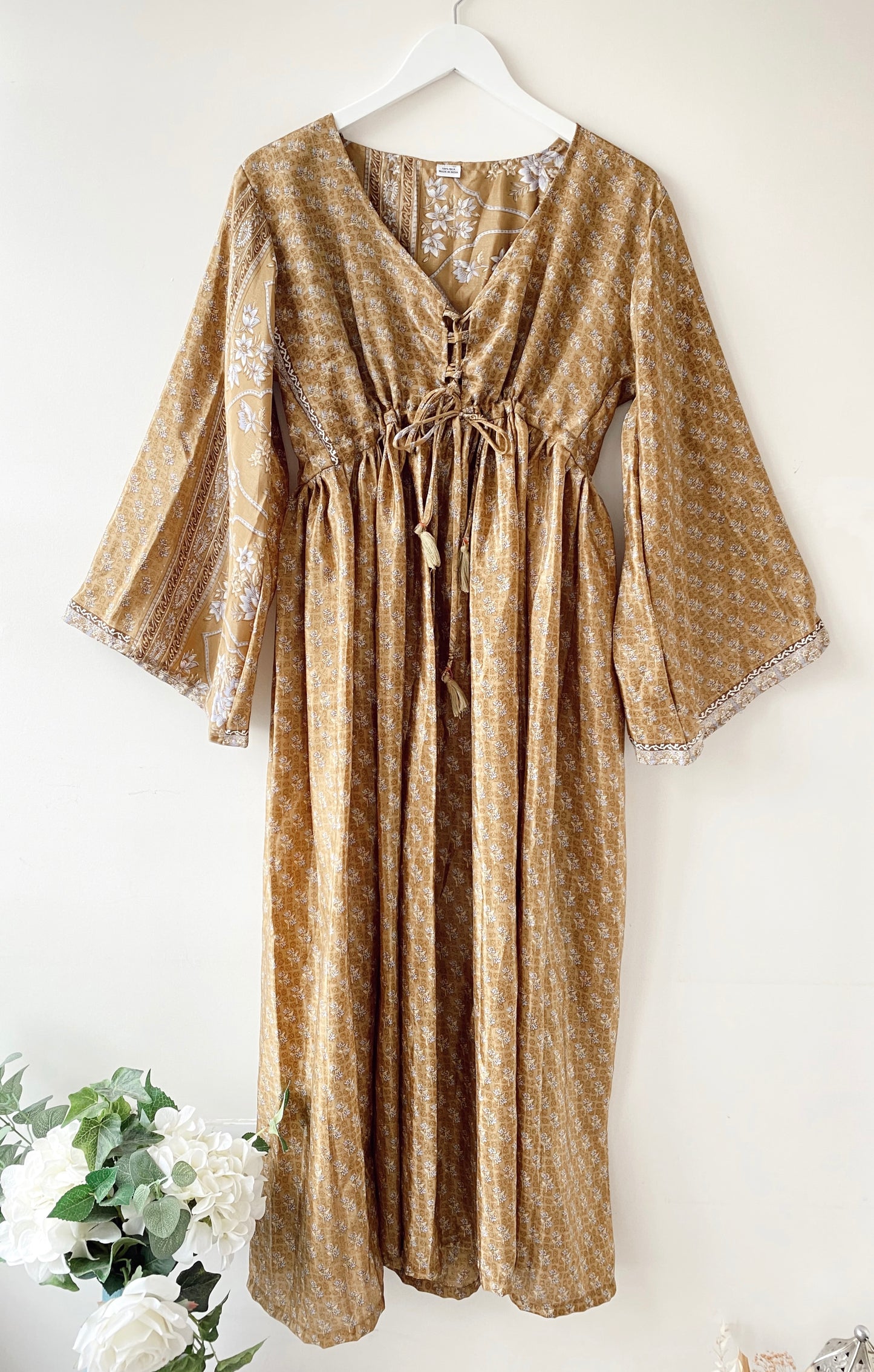 Nova light-brown floral print recycled-silk midi dress free size UK8-14DRESSES