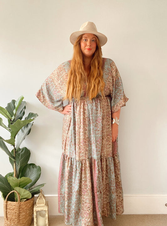 Cora pink and blue pastel floral-print silk midi dress