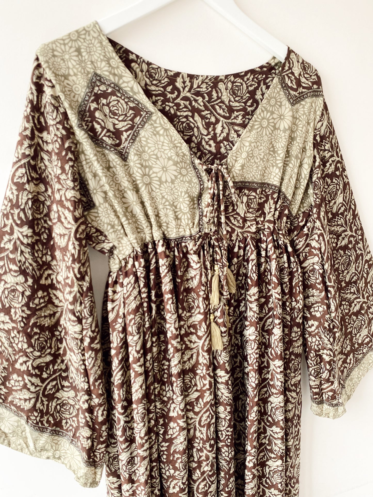 Nova brown light-green floral print recycled-silk midi dress free size UK8-14DRESSES