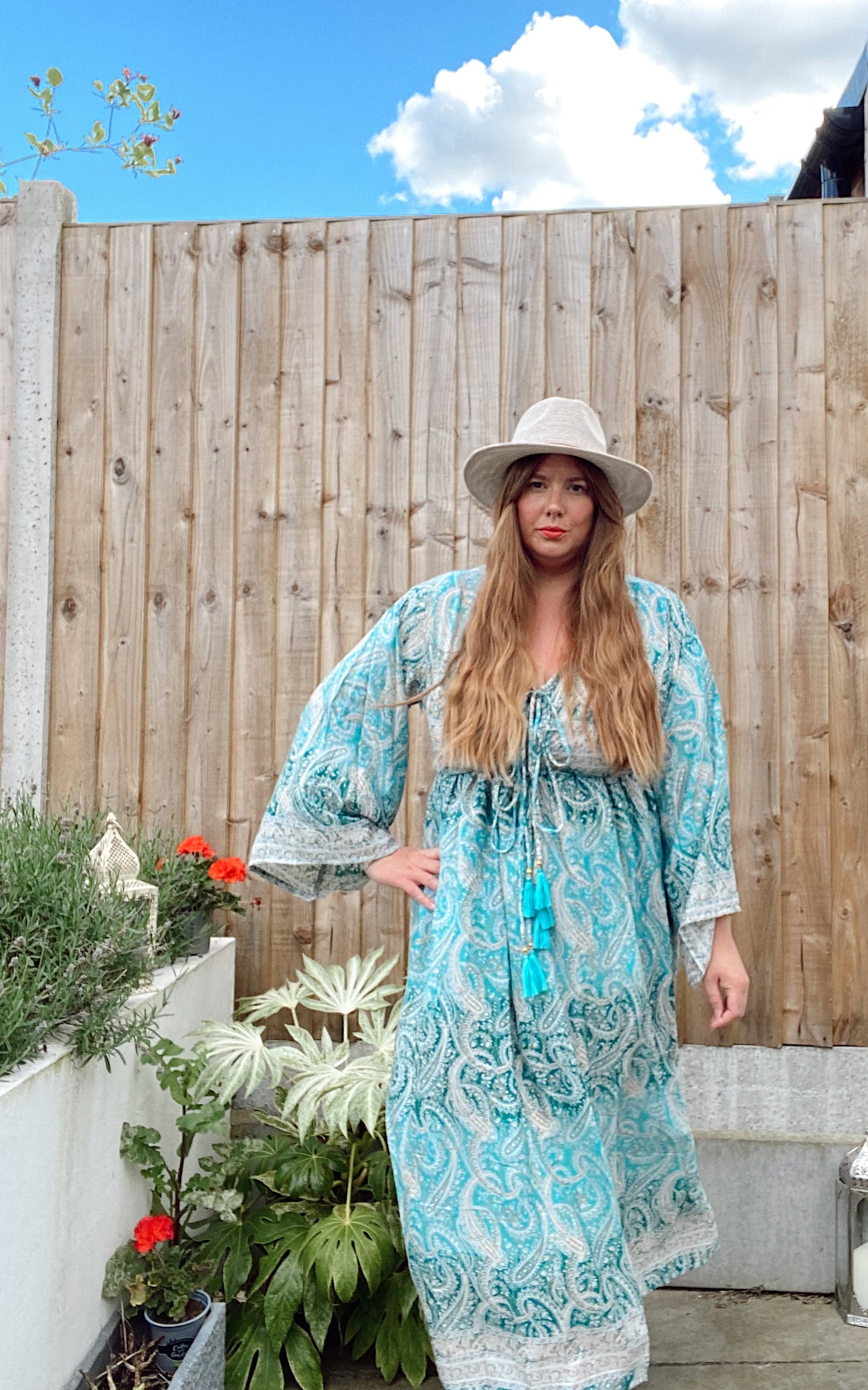 Nova blue green paisley boho silk dress