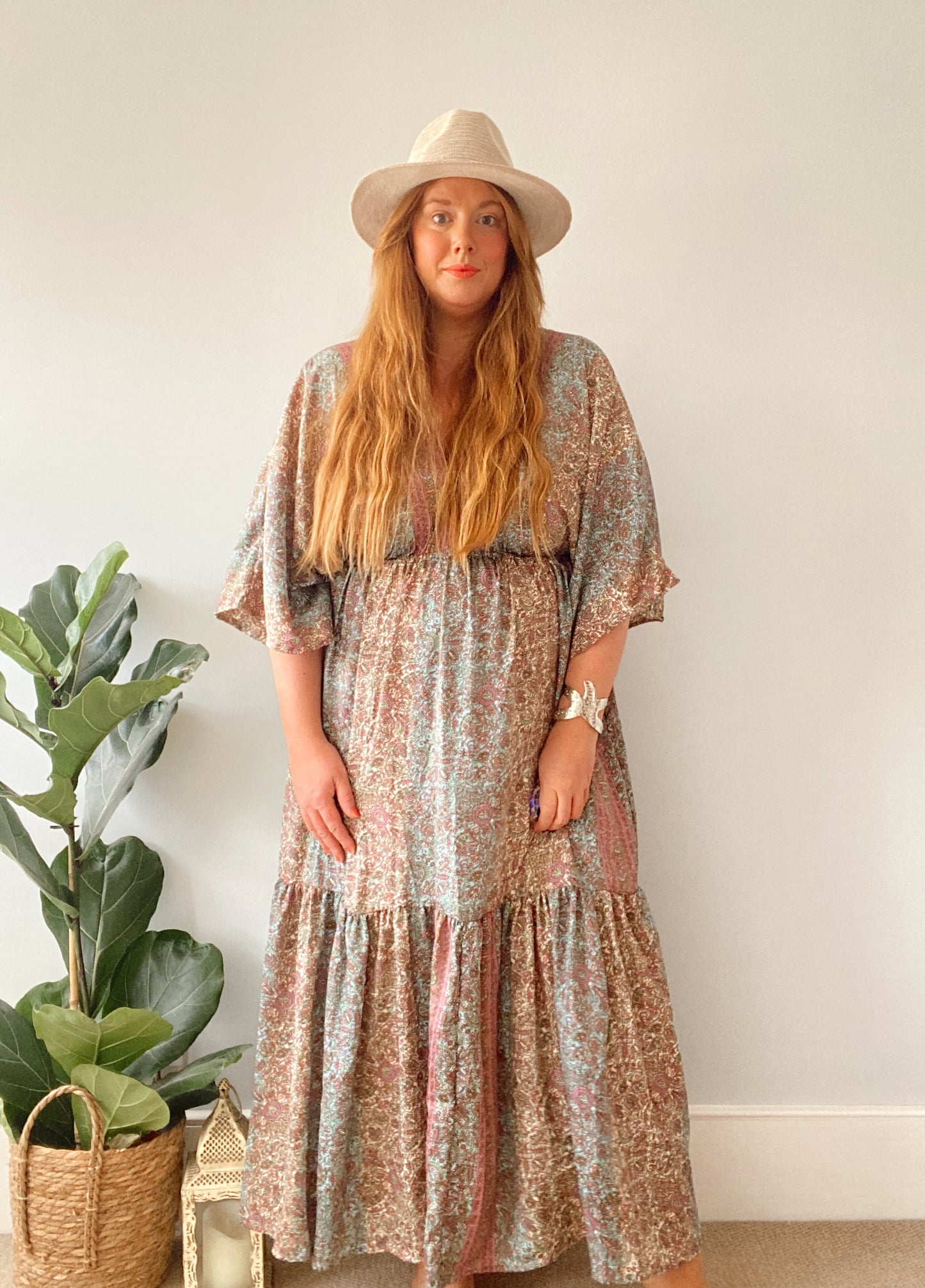 Cora pink and blue pastel floral-print silk midi dress