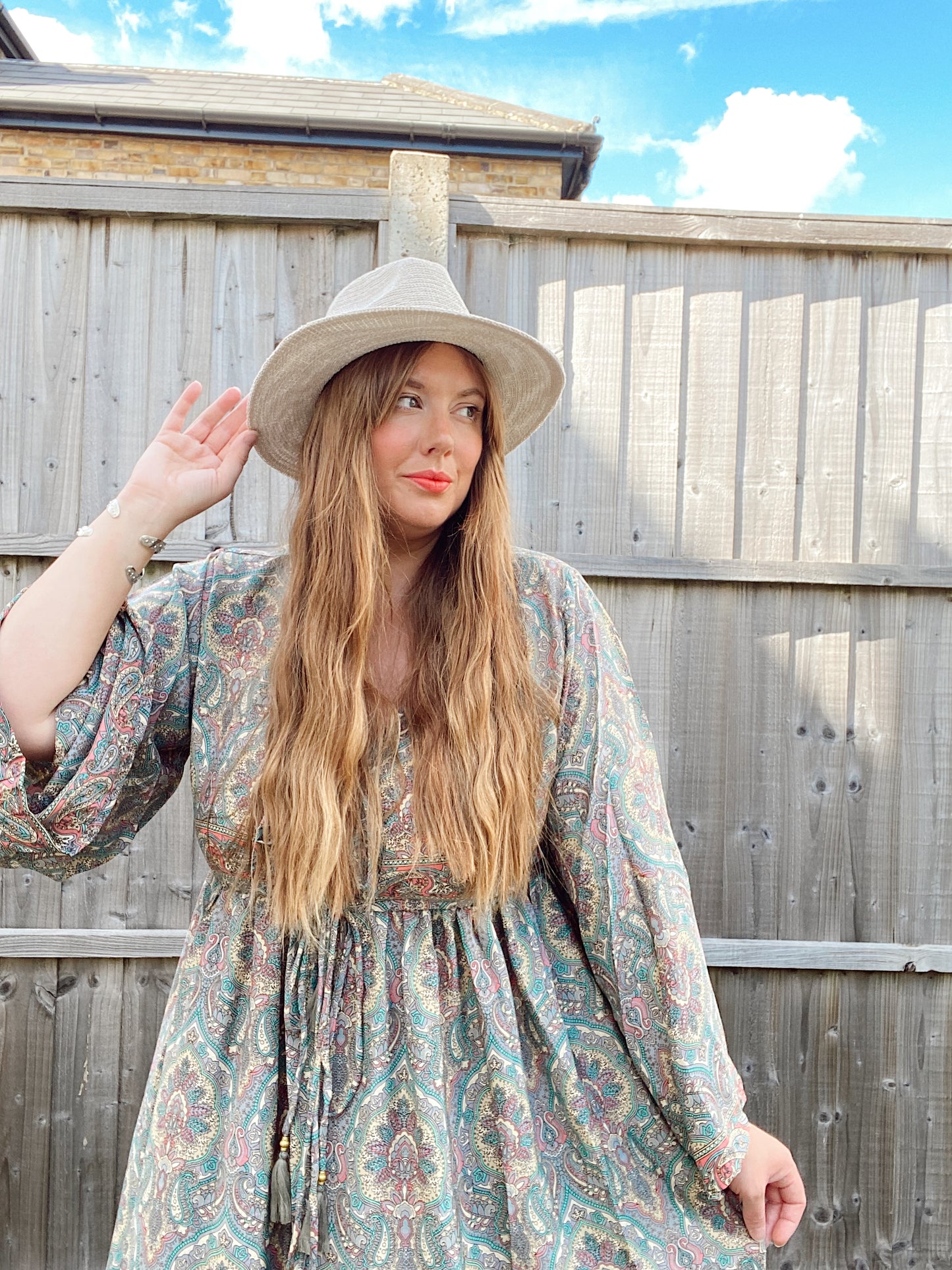 Nova grey pink paisley-print boho silk dress
