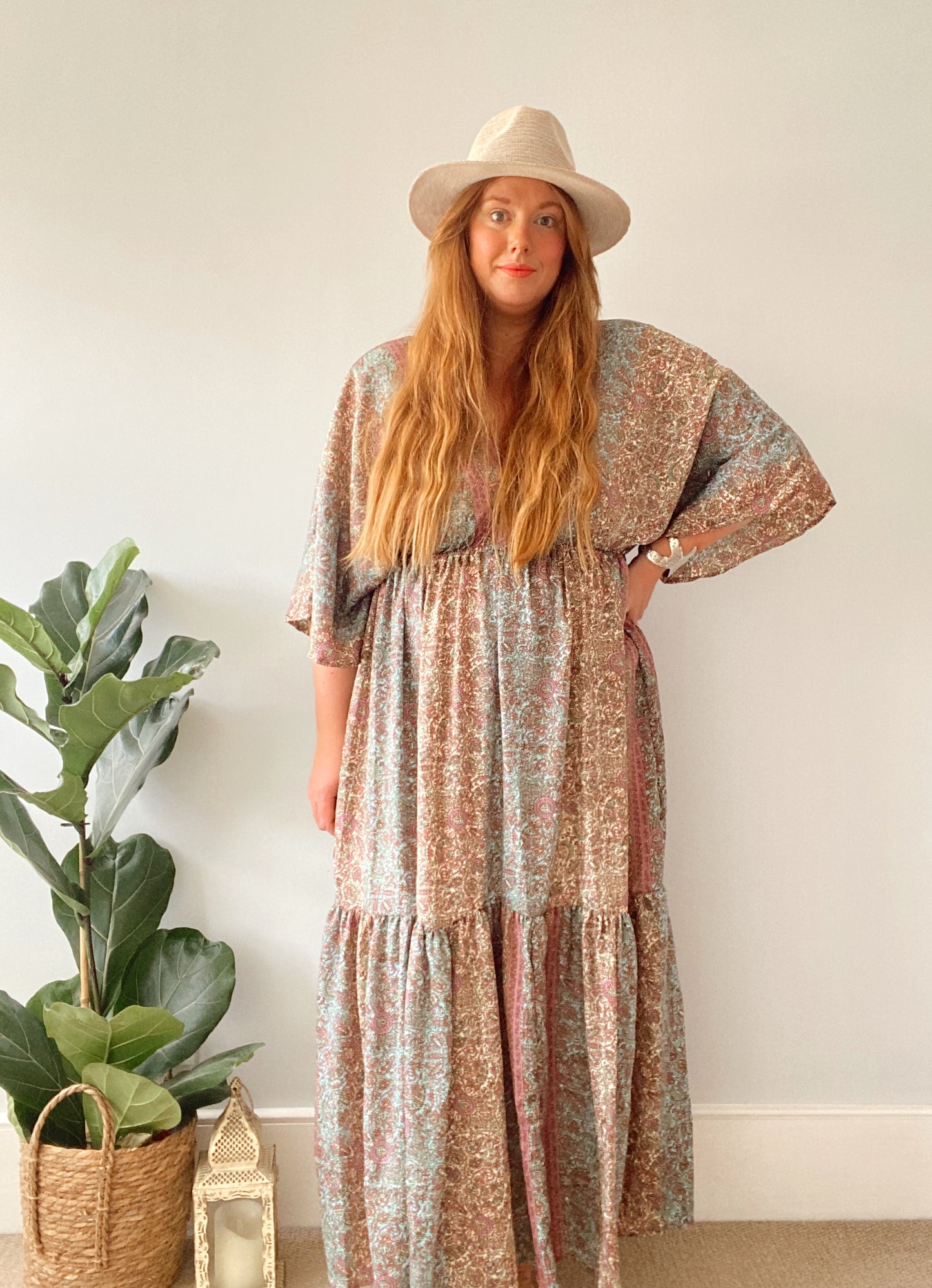 Cora pink and blue pastel floral-print silk midi dress