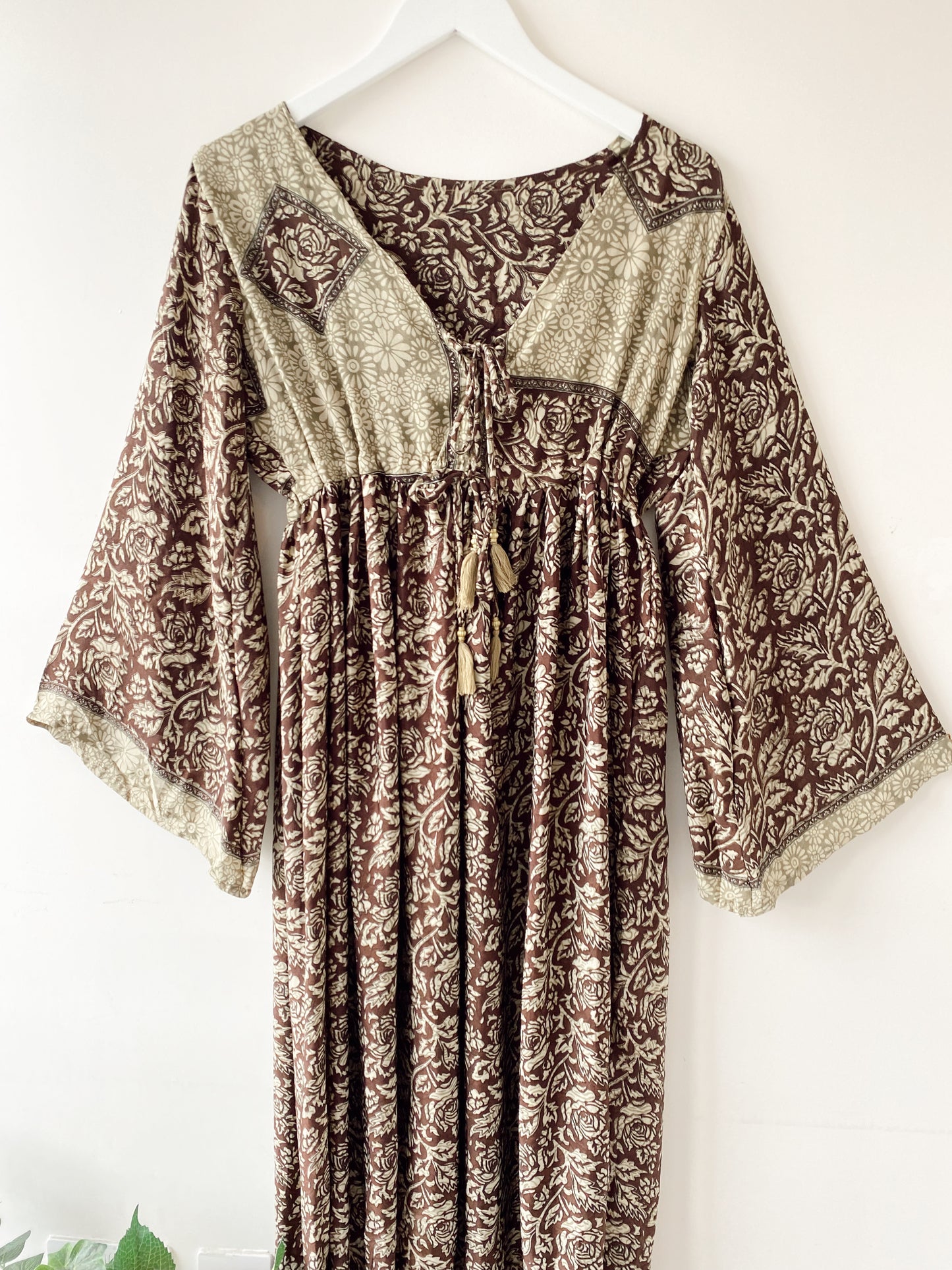 Nova brown light-green floral print recycled-silk midi dress free size UK8-14DRESSES