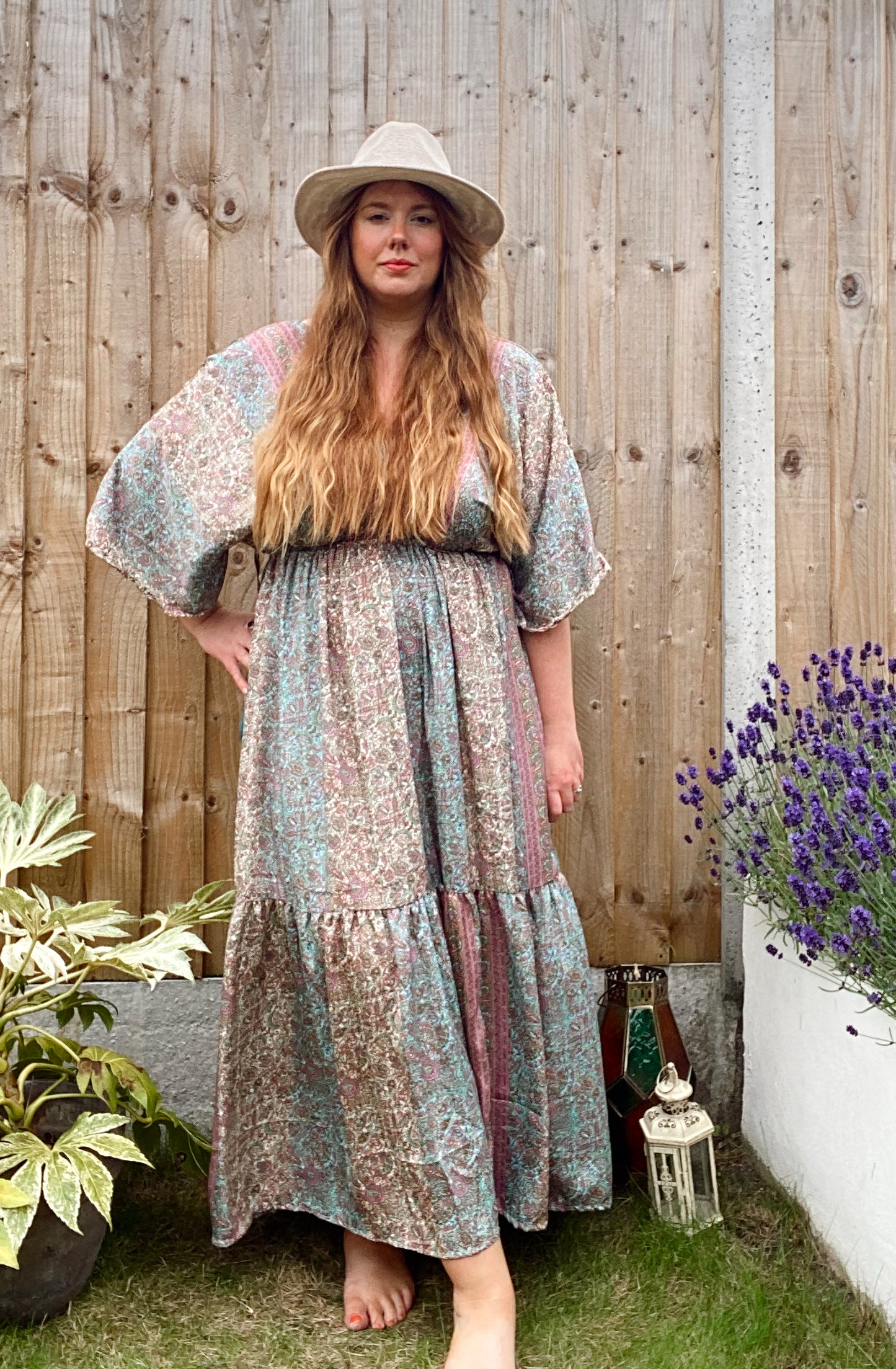 Cora pink and blue pastel floral-print silk midi dress