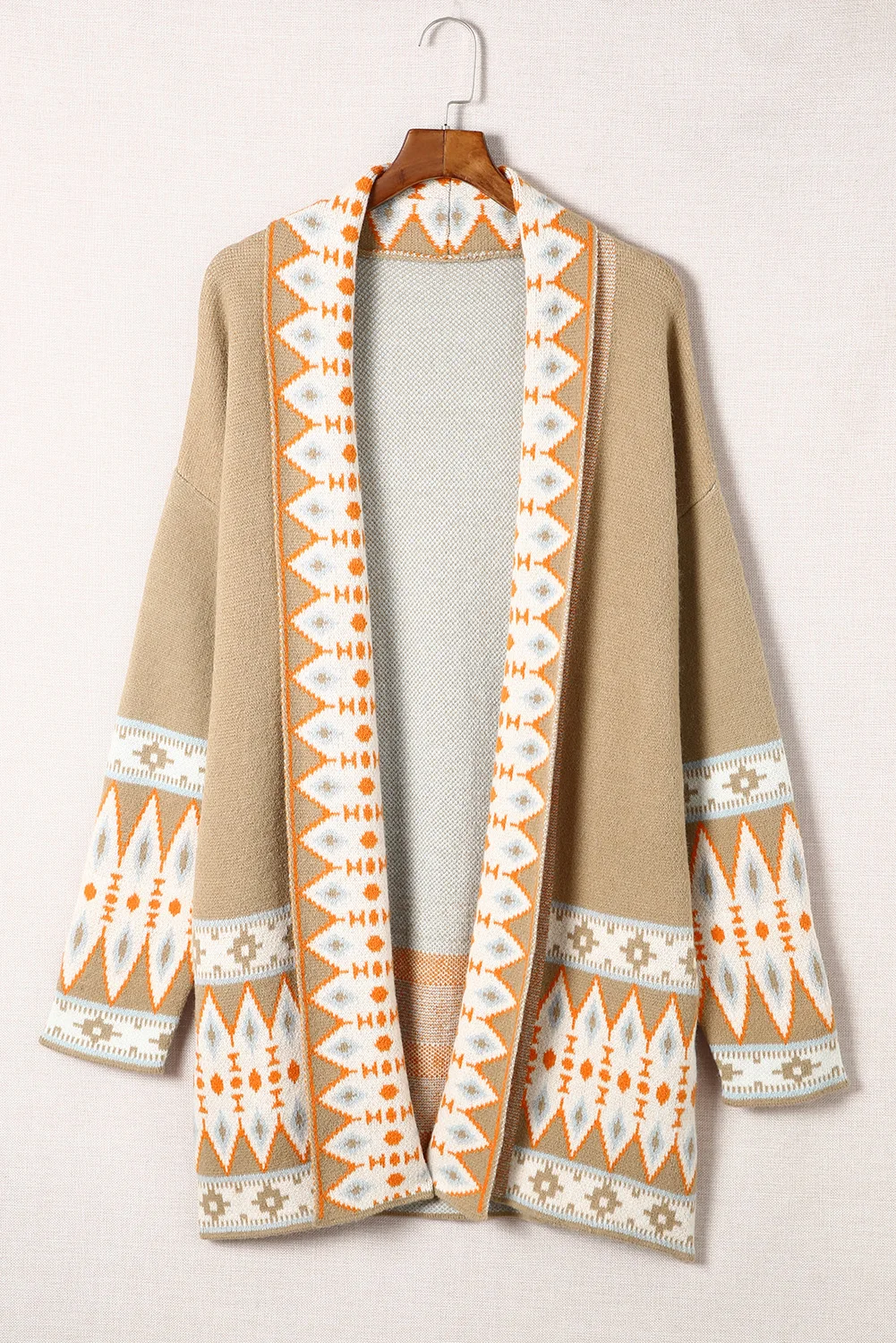 Clara beige vintage-inspired Aztec-print knitted boho cardigan/shawl