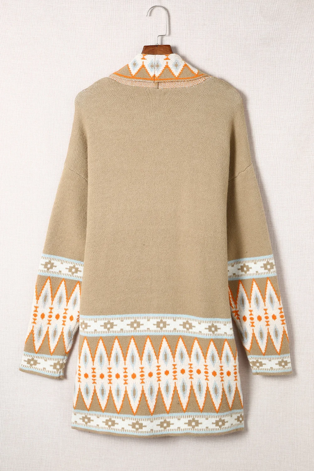 Clara beige vintage-inspired Aztec-print knitted boho cardigan/shawl