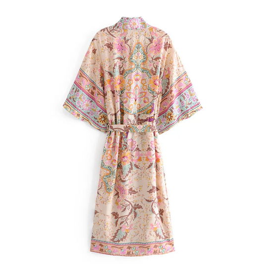 Luna pink floral-print bohemian kimono//cover-up//wrap dress