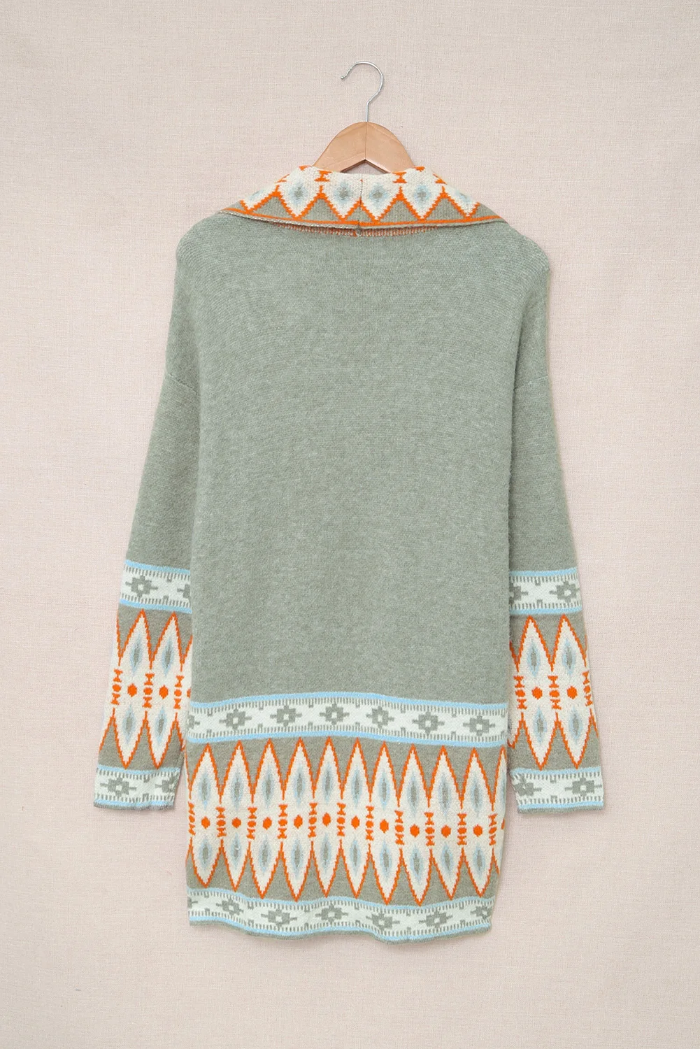 Clara sage vintage-inspired Aztec-print knitted boho cardigan/shawl