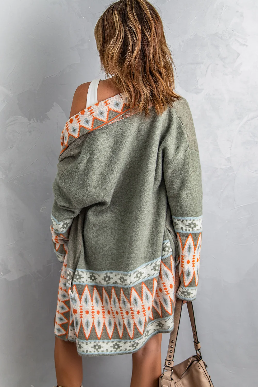Clara sage vintage-inspired Aztec-print knitted boho cardigan/shawl