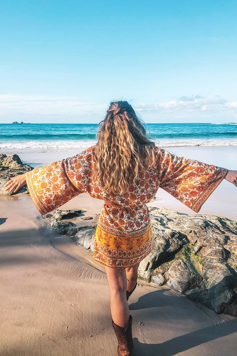 Yellow floral-print bohemian kimono//cover-up
