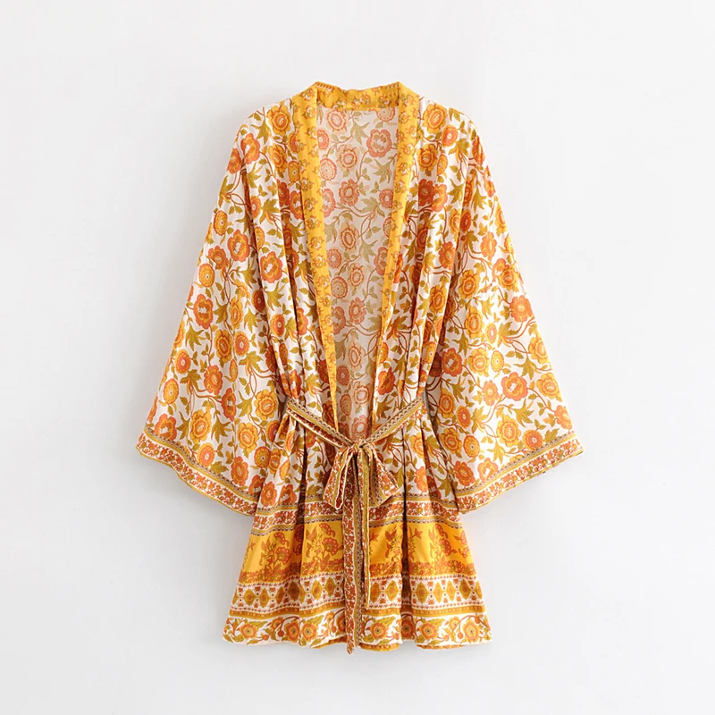 Yellow floral-print bohemian kimono//cover-up