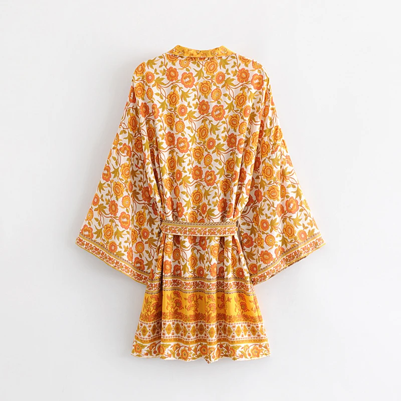 Yellow floral-print bohemian kimono//cover-up