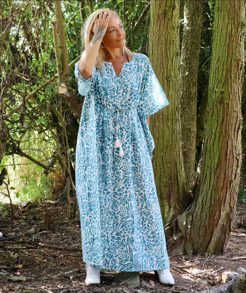 Eden bohemian printed cotton teal maxi kaftan//dress free size
